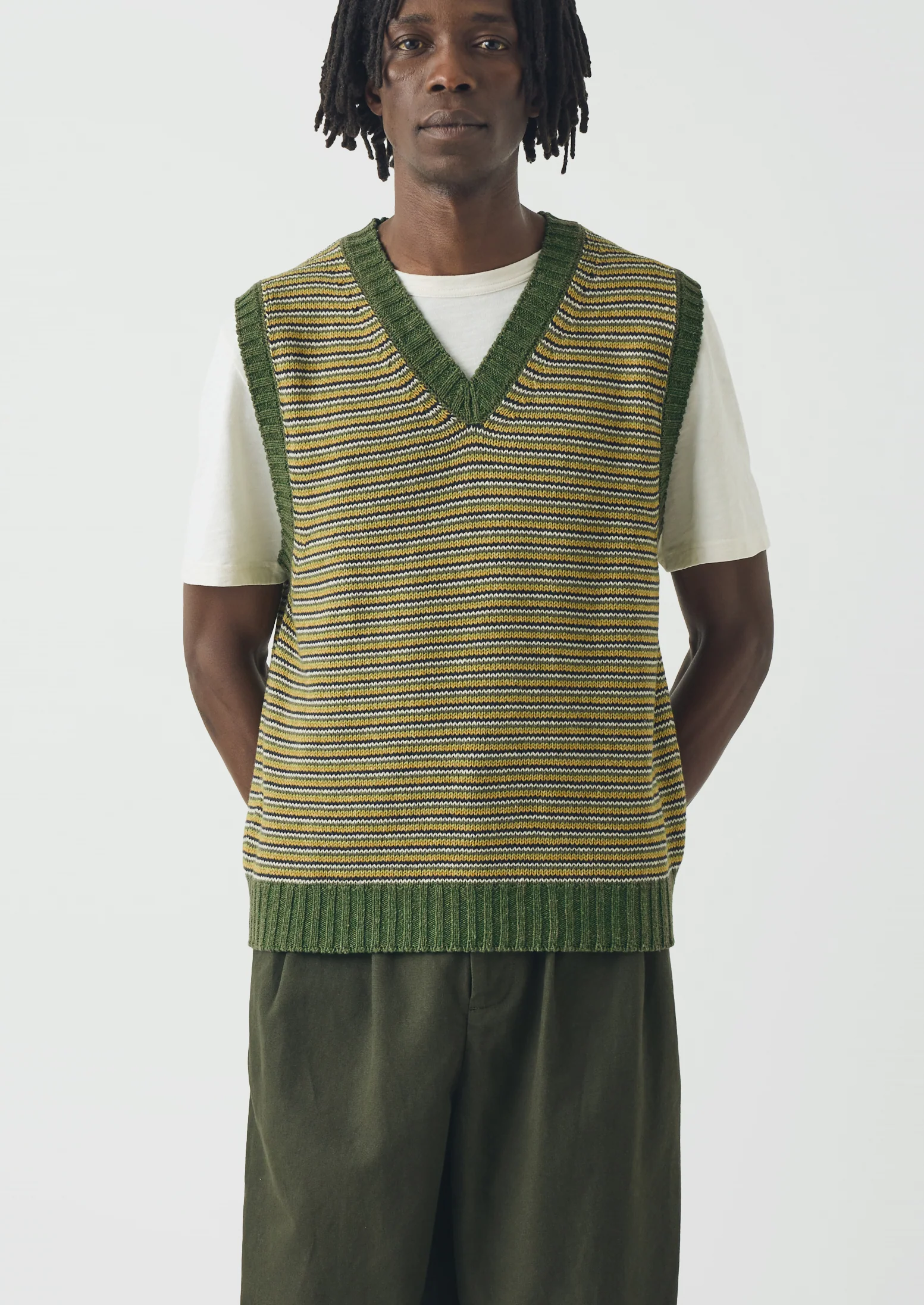 Fine Stripe Wool Cotton Tank | Green Multi - Image 2