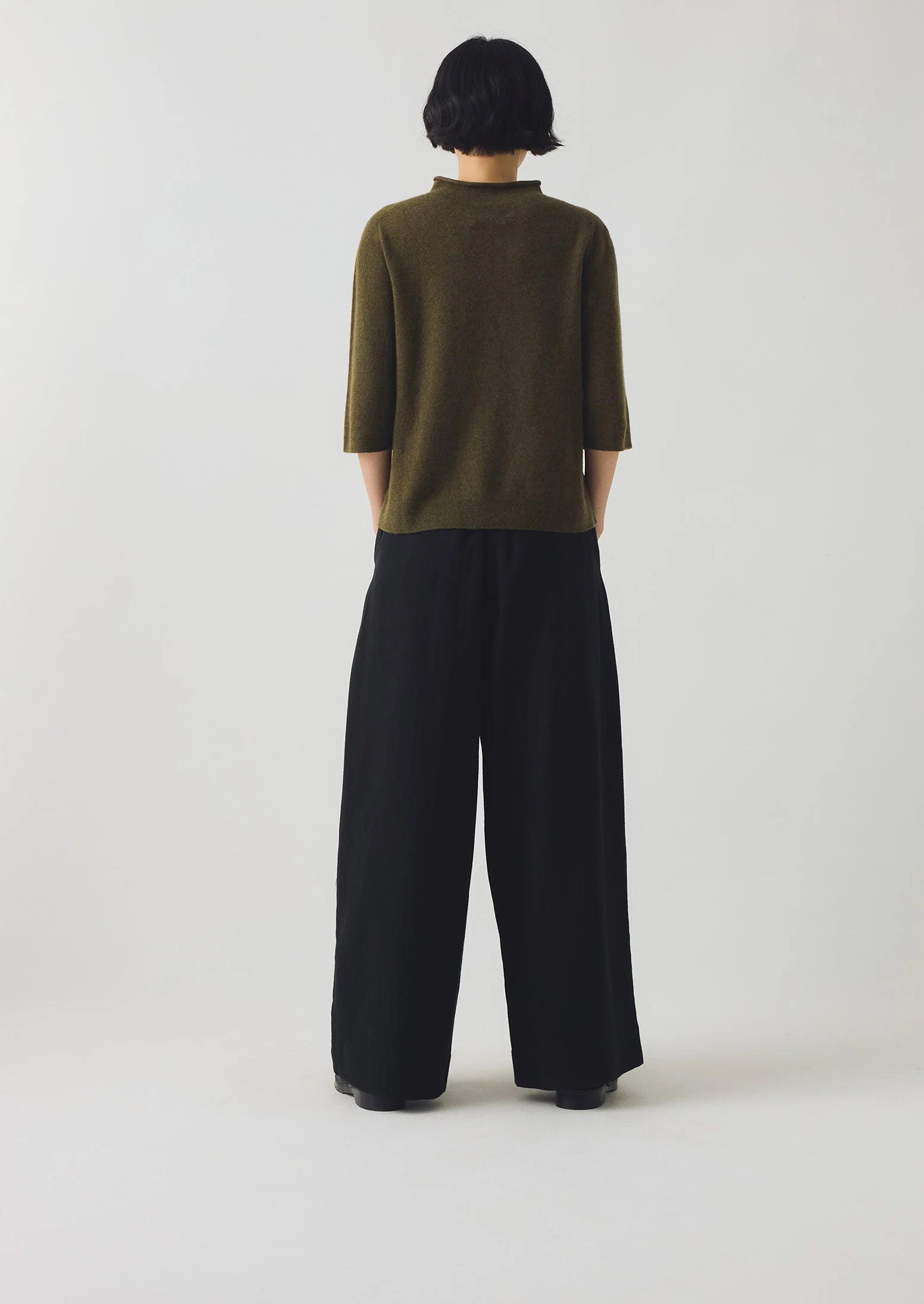 Fine Wool Cashmere Half Sleeve Sweater | Olive Melange - Image 3