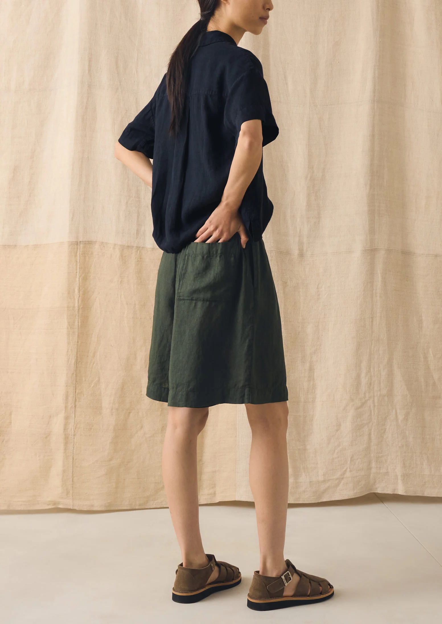 Garment Dyed Lightweight Linen Shorts | Dark Olive - Image 3