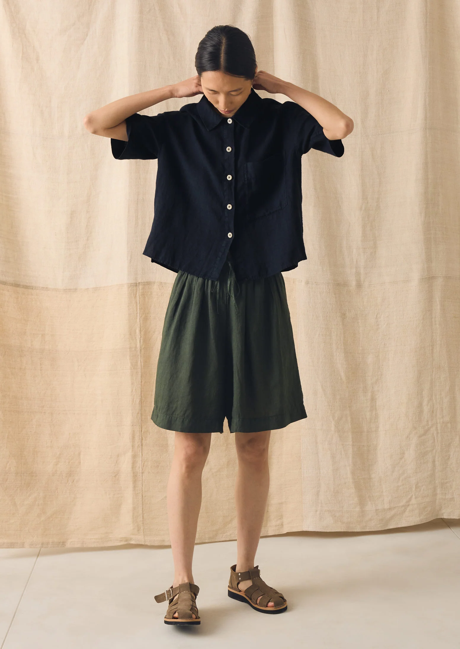 Garment Dyed Lightweight Linen Shorts | Dark Olive - Image 4