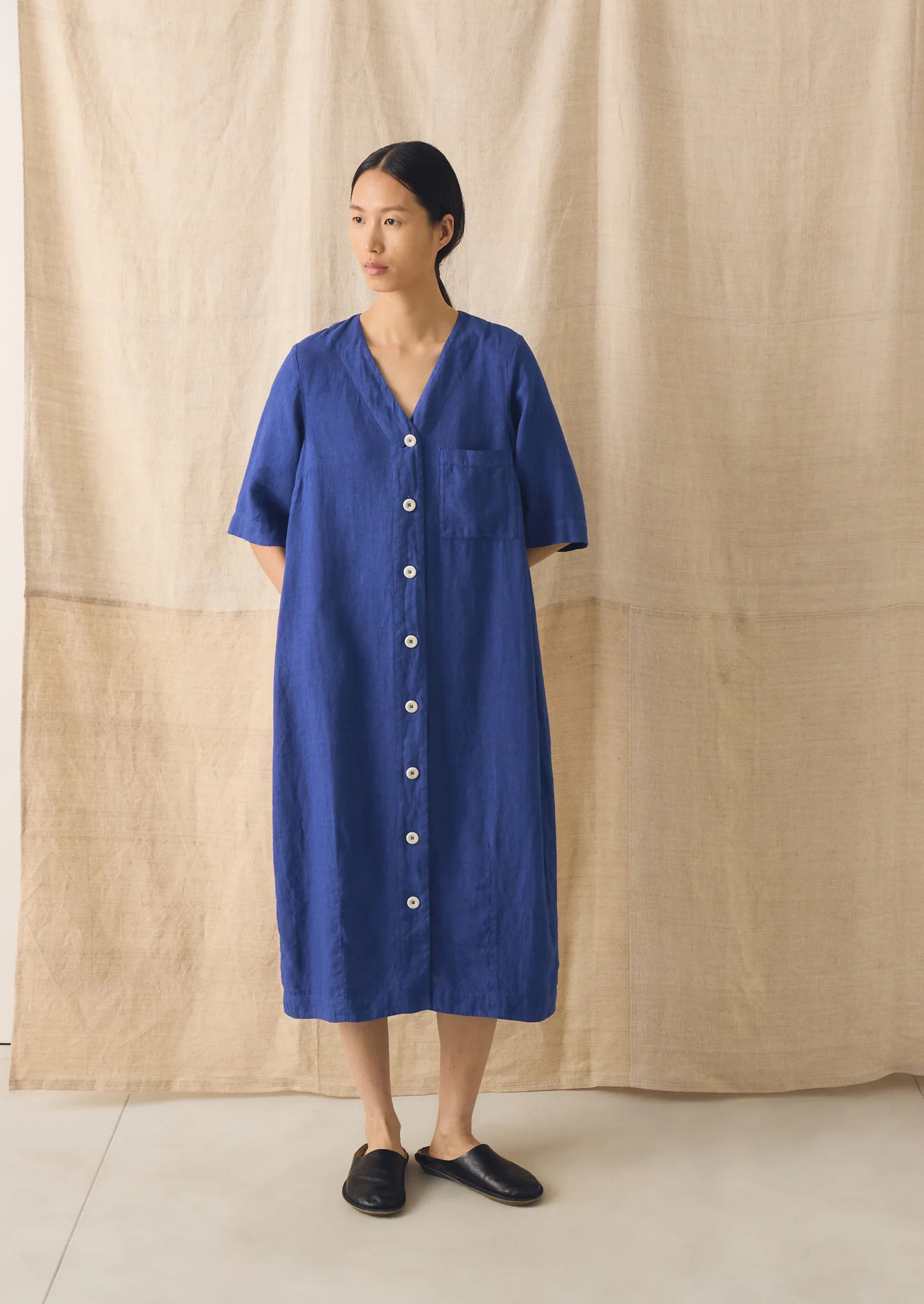 Garment Dyed Linen Button Front Dress | Carmine Blue - Image 2