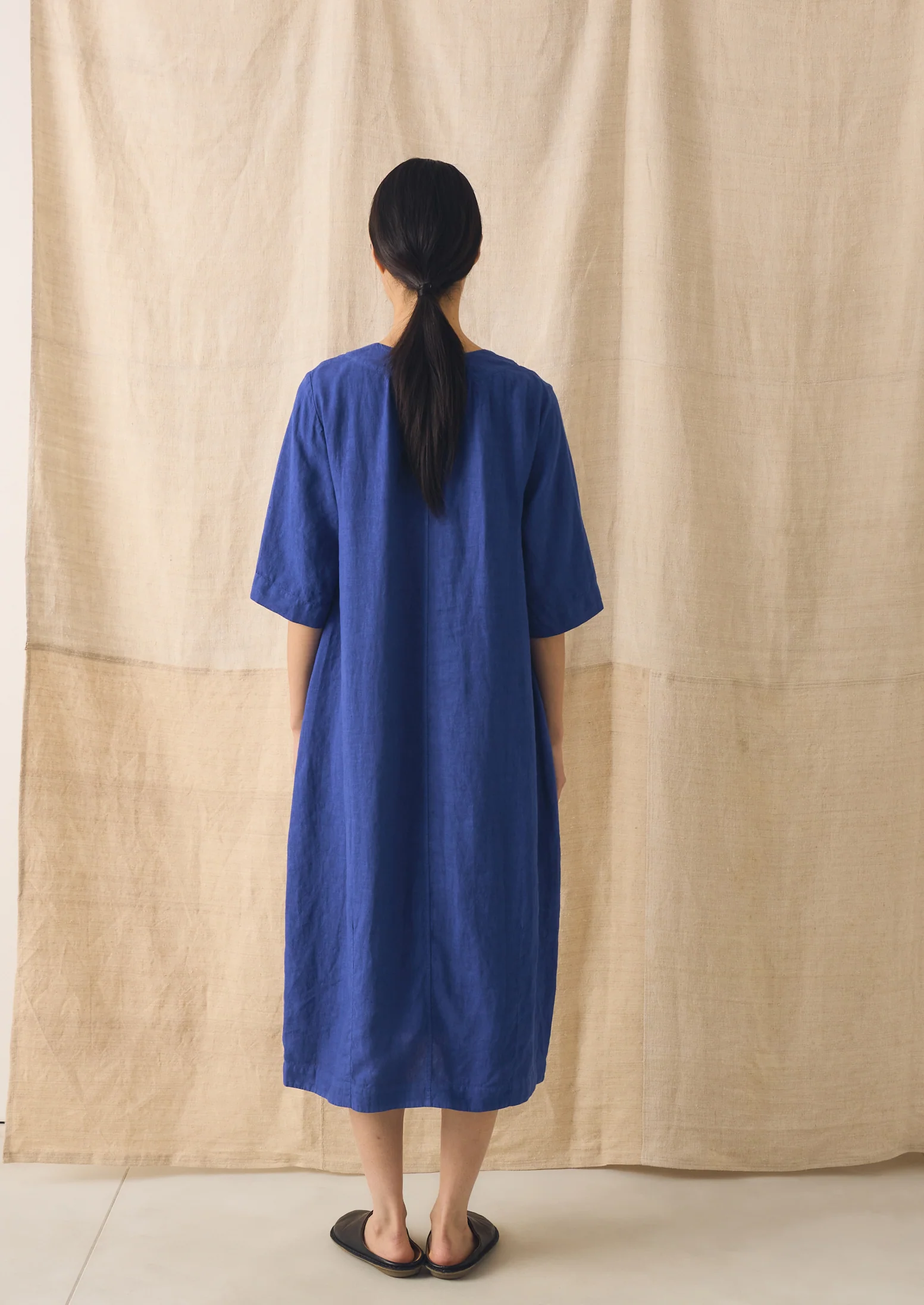Garment Dyed Linen Button Front Dress | Carmine Blue - Image 3