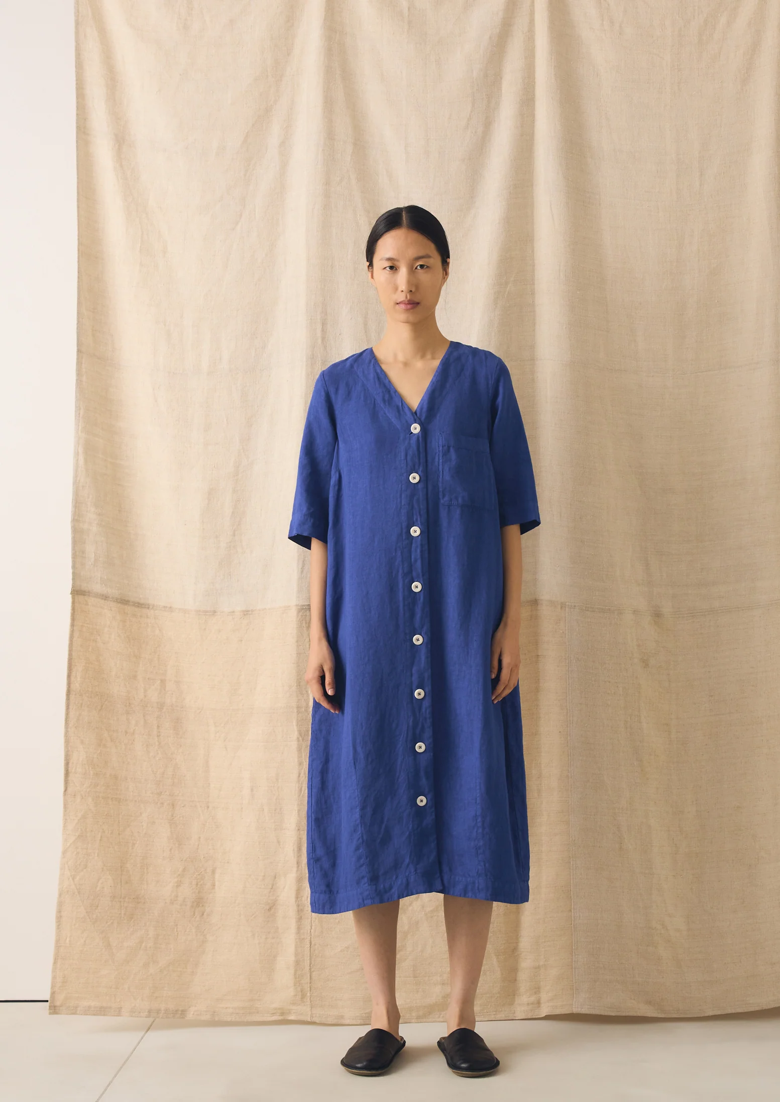 Garment Dyed Linen Button Front Dress | Carmine Blue - Image 5