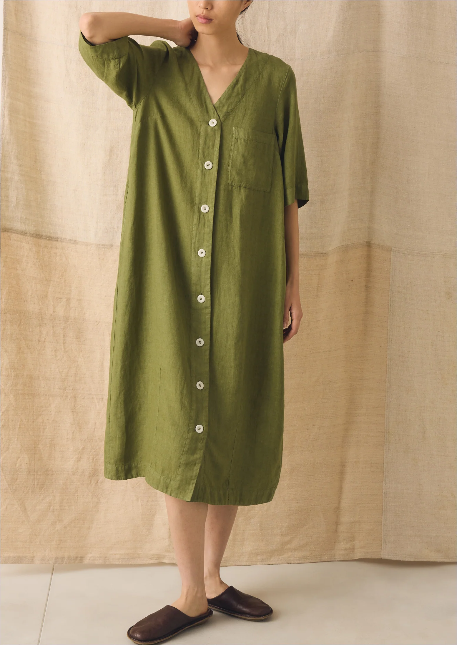 Garment Dyed Linen Button Front Dress | Pale Olive - Image 2