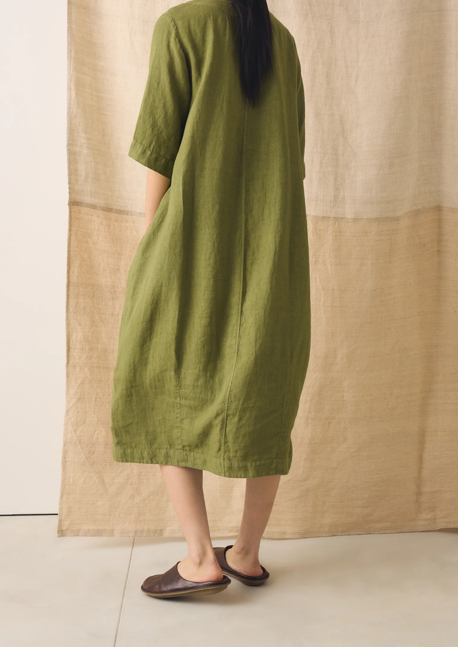 Garment Dyed Linen Button Front Dress | Pale Olive - Image 3