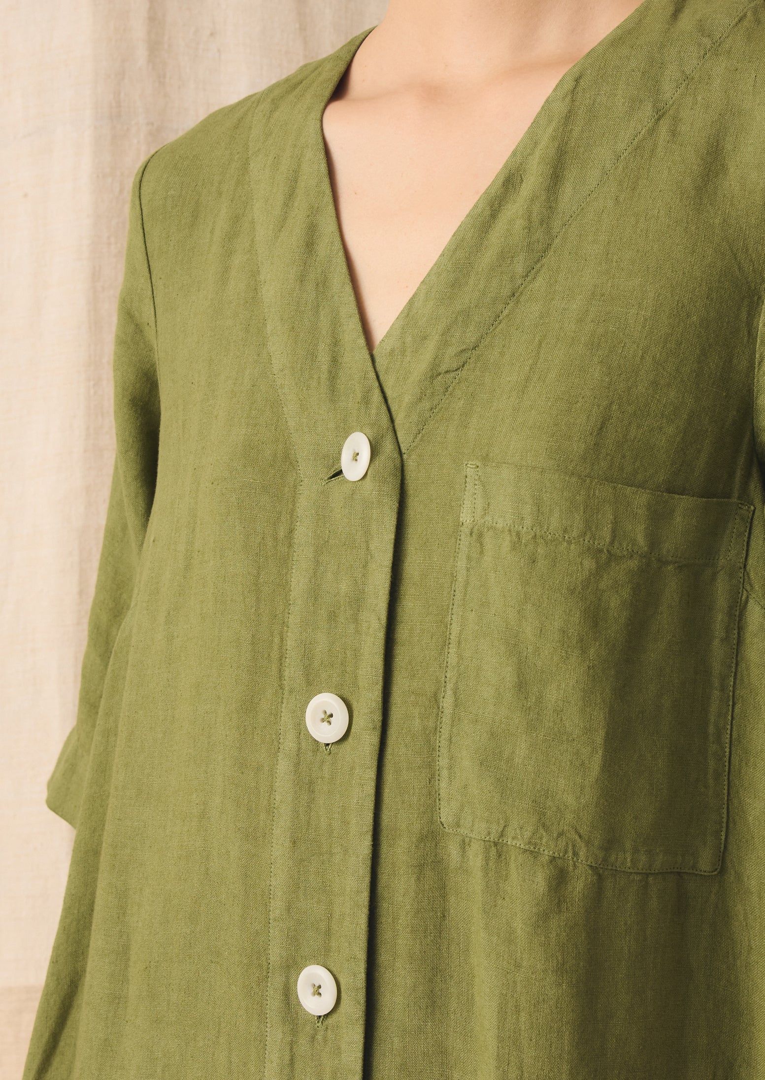 Garment Dyed Linen Button Front Dress | Pale Olive - Image 4