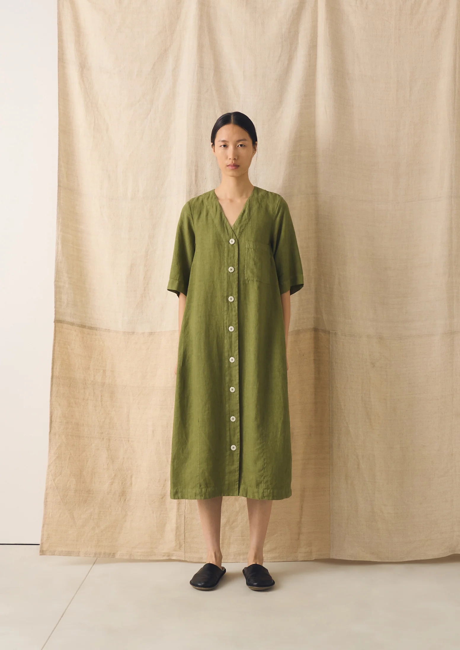 Garment Dyed Linen Button Front Dress | Pale Olive - Image 5
