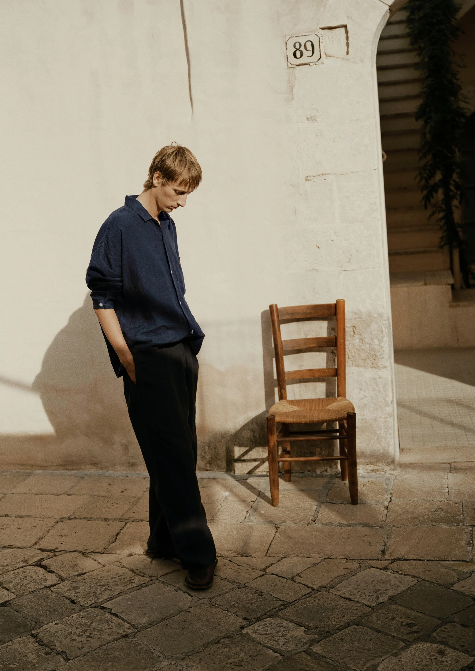 Garment Dyed Linen Drawstring Trousers | Blueberry - Image 2