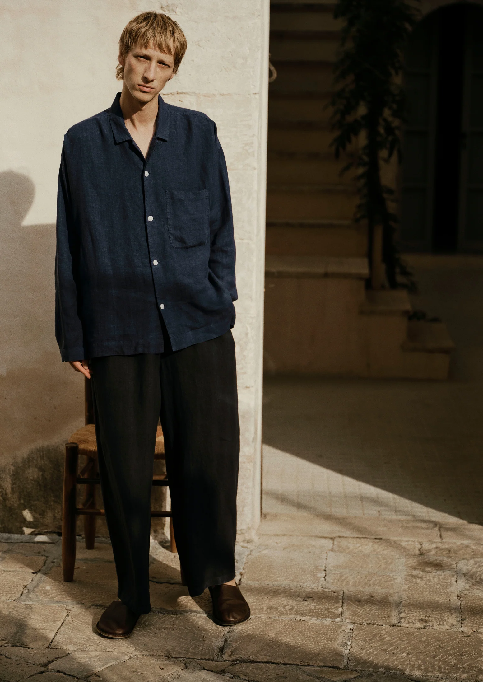 Garment Dyed Linen Drawstring Trousers | Blueberry - Image 8