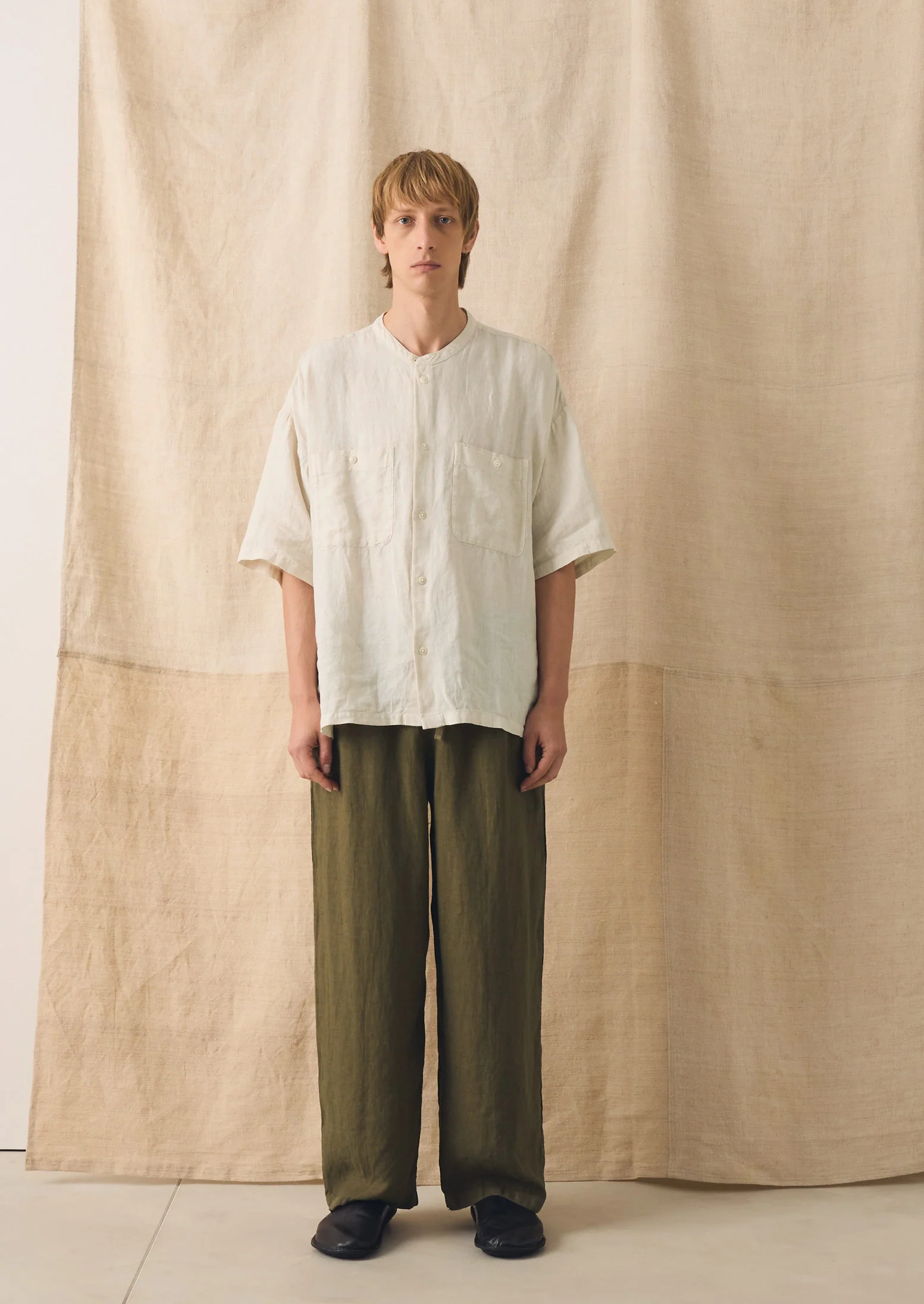 Garment Dyed Linen Drawstring Trousers | Pear - Image 2