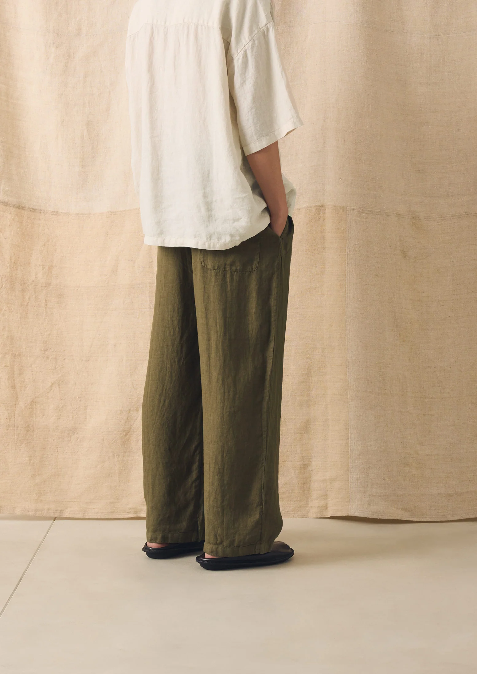 Garment Dyed Linen Drawstring Trousers | Pear - Image 3