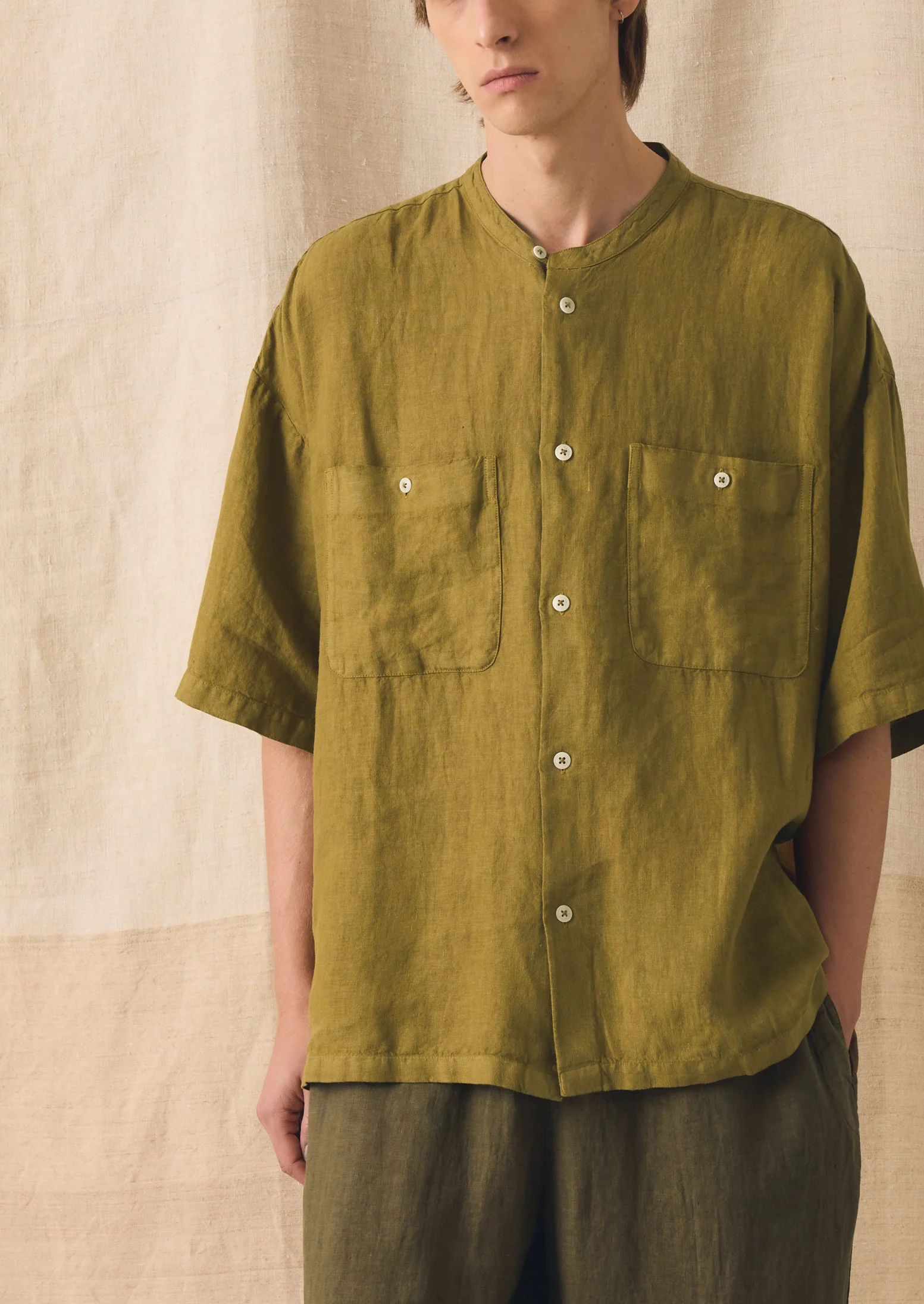 Garment Dyed Linen Grandad Collar Shirt | Durian Green - Image 3