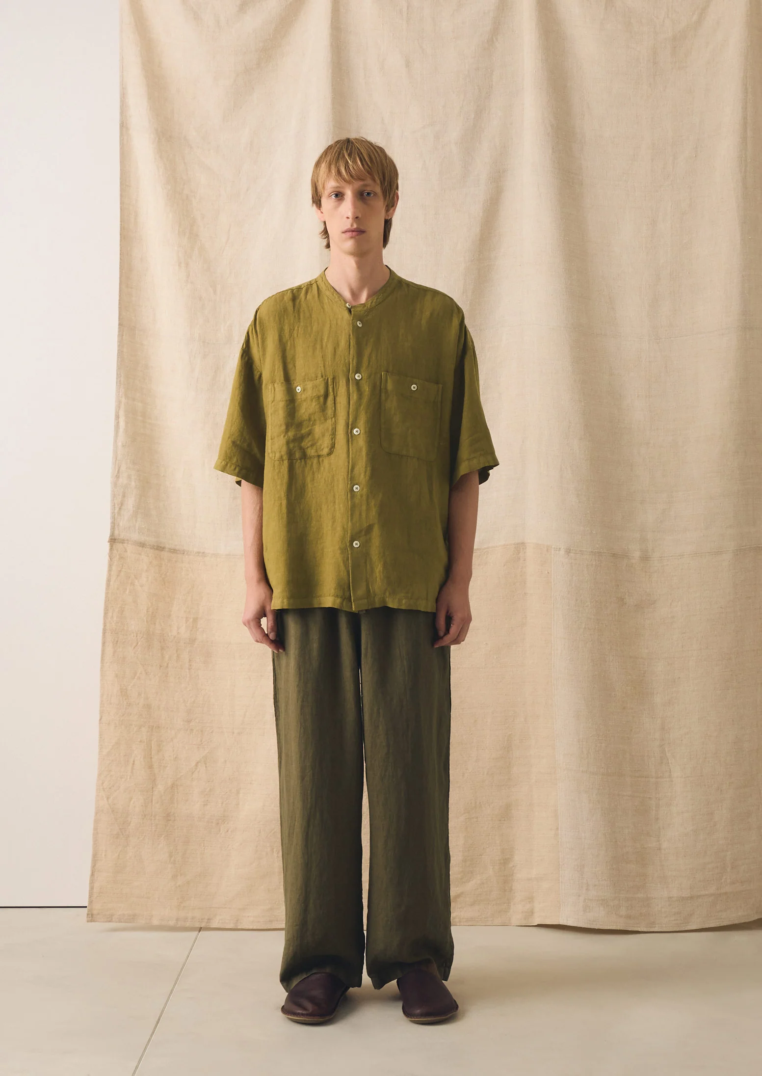Garment Dyed Linen Grandad Collar Shirt | Durian Green - Image 4