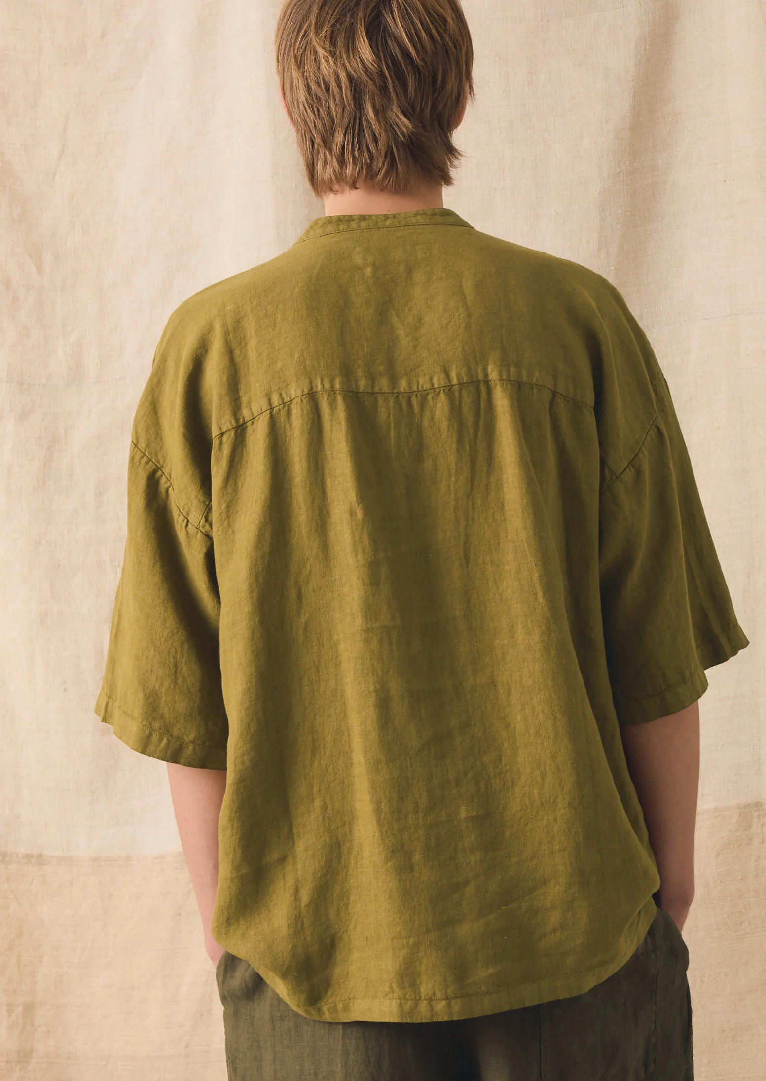 Garment Dyed Linen Grandad Collar Shirt | Durian Green - Image 5