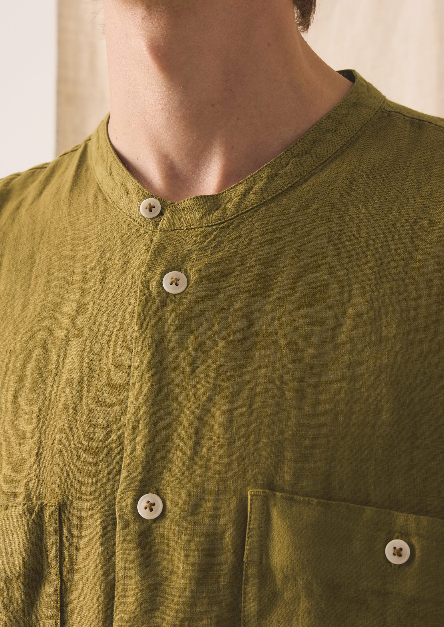 Garment Dyed Linen Grandad Collar Shirt | Durian Green - Image 6
