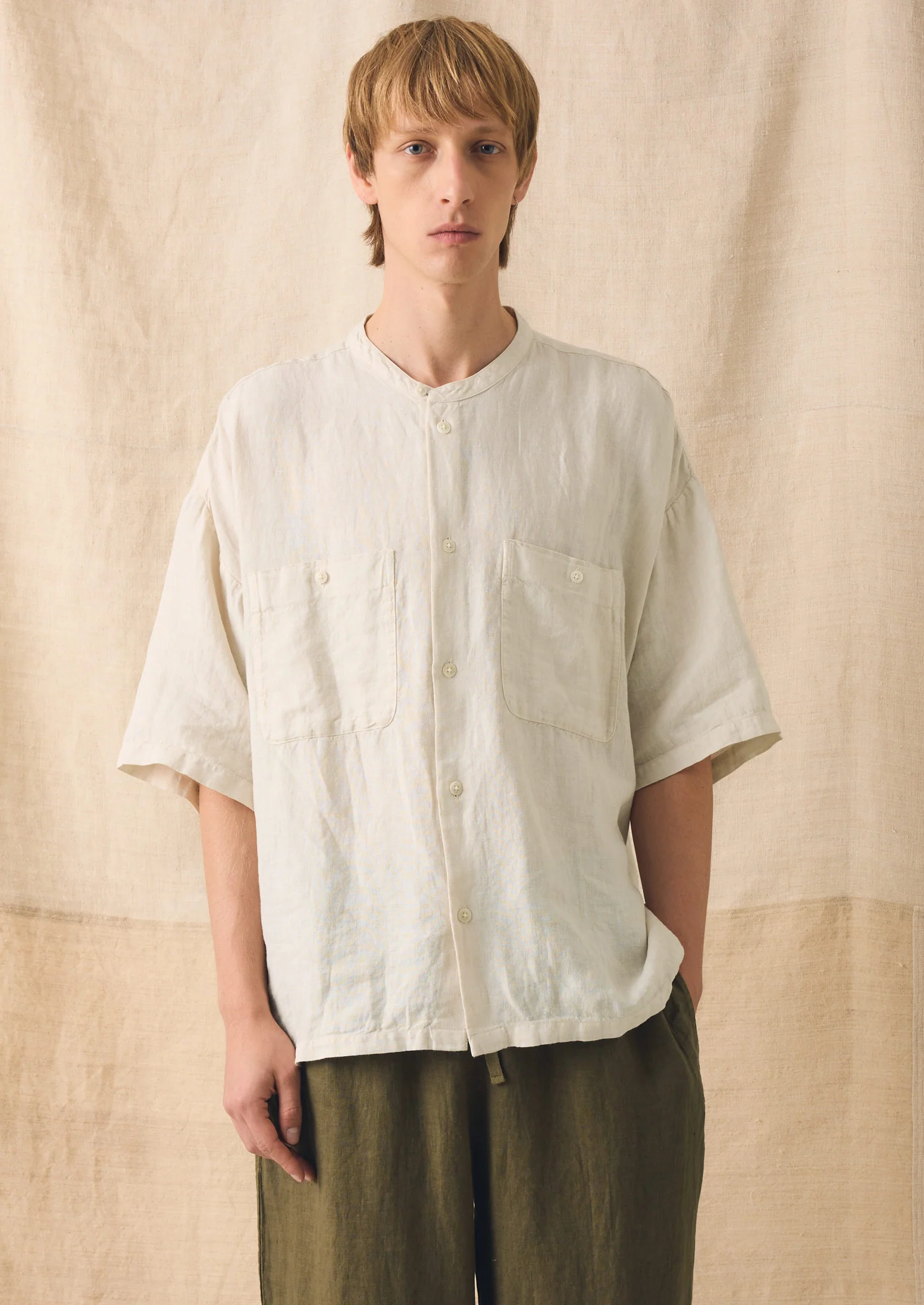Garment Dyed Linen Grandad Collar Shirt | Oat - Image 3