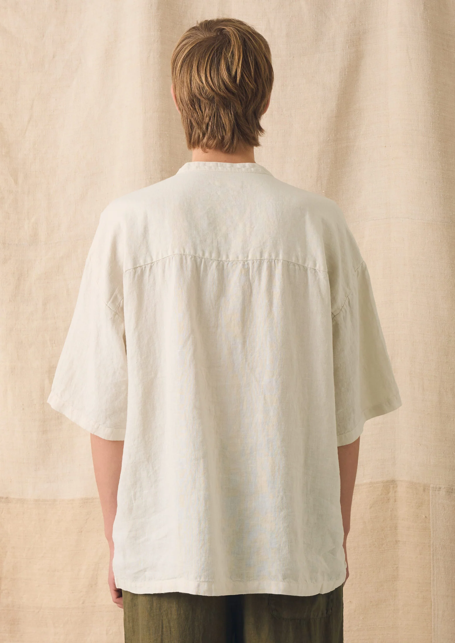 Garment Dyed Linen Grandad Collar Shirt | Oat - Image 4