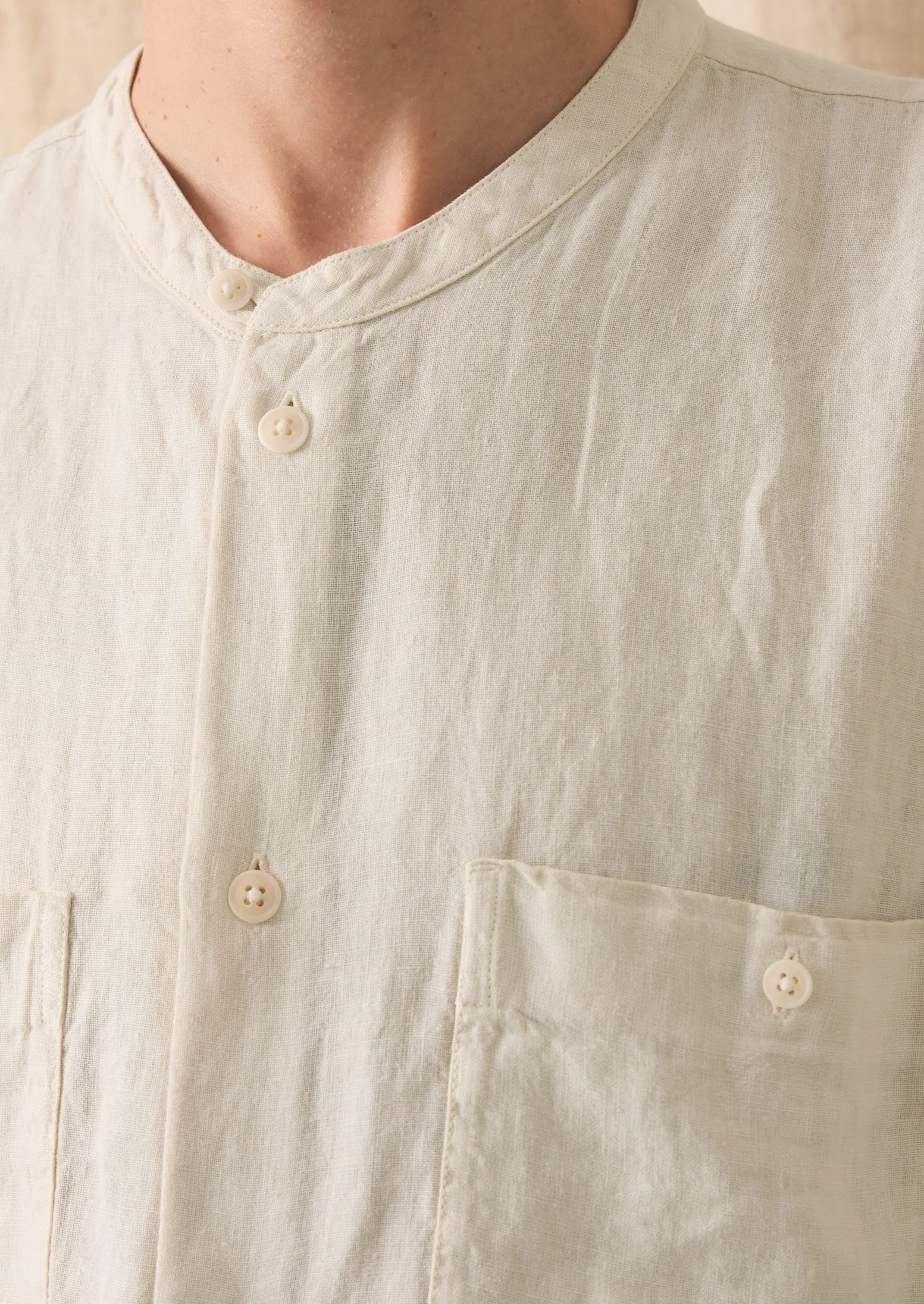 Garment Dyed Linen Grandad Collar Shirt | Oat - Image 5