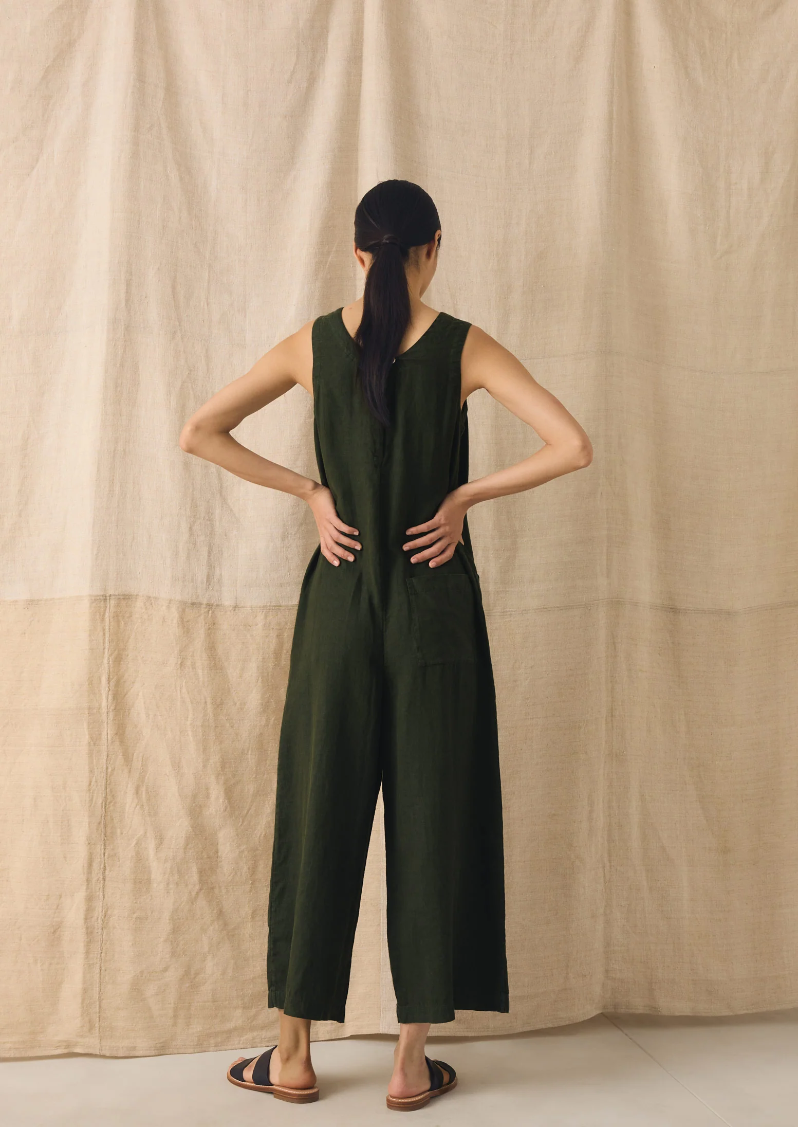 Garment Dyed Linen Scoop Back Jumpsuit | Dark Olive - Image 3