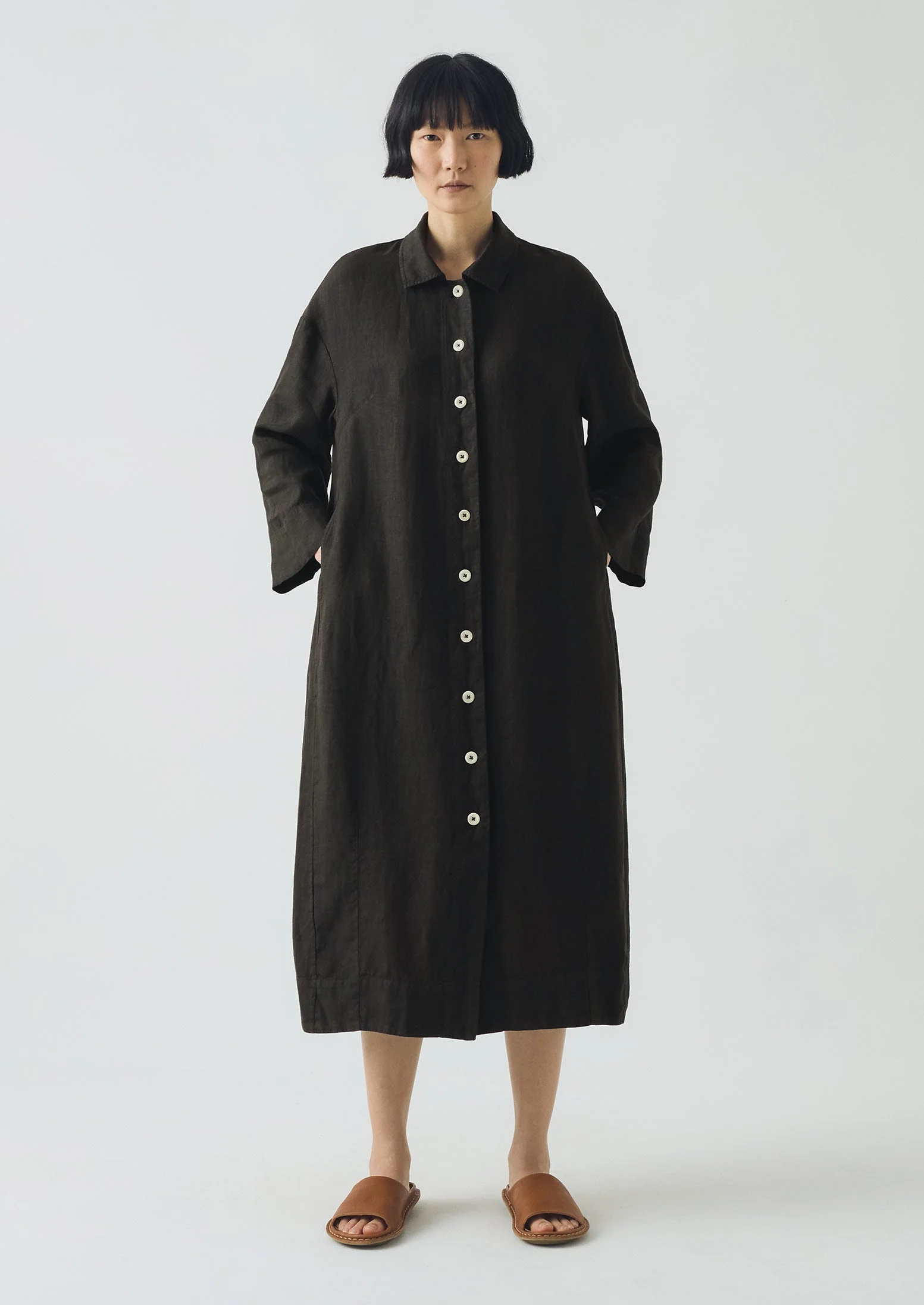 Garment Dyed Linen Button Shirt Dress | Black Pepper - Image 3