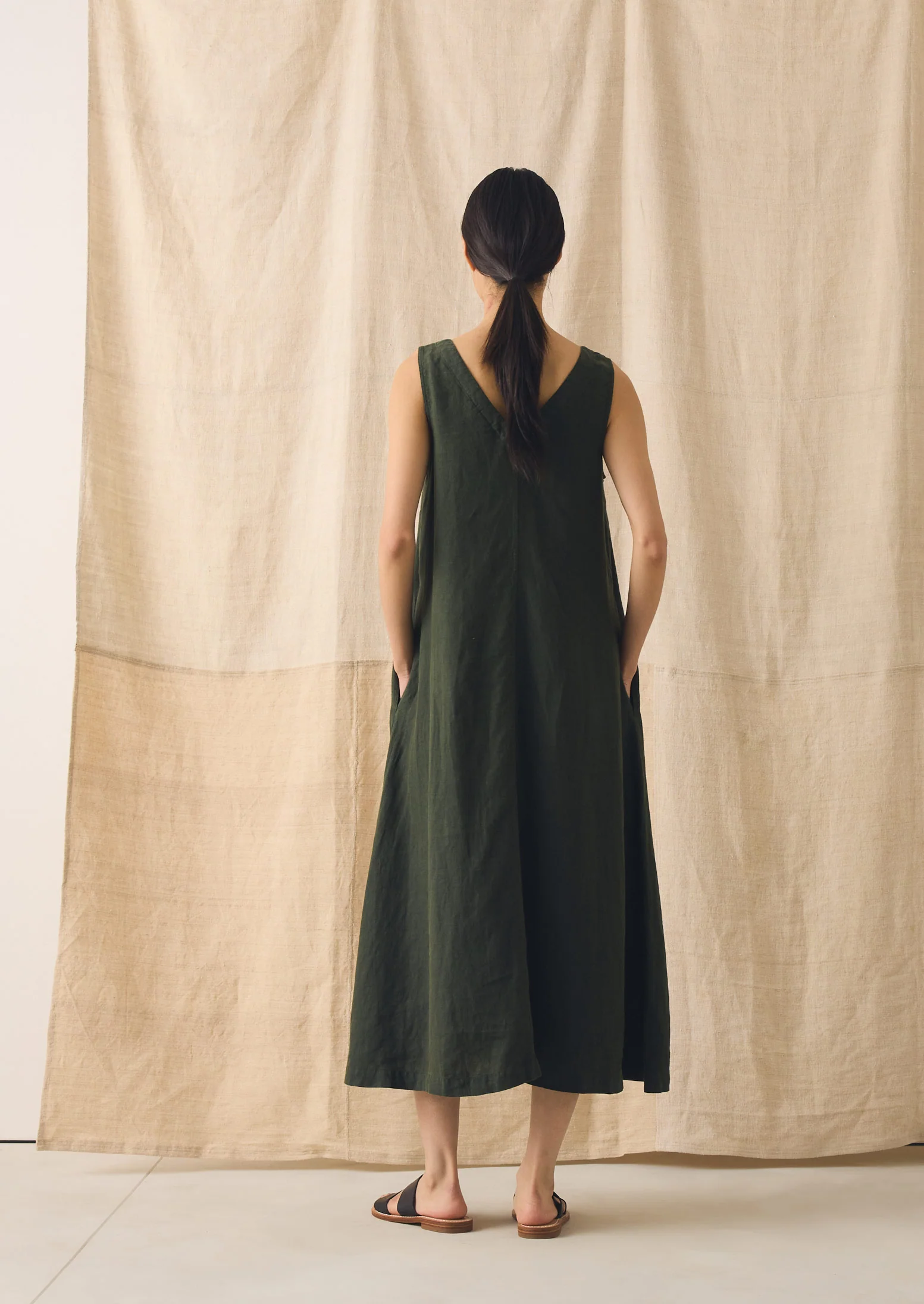 Garment Dyed Linen Sleeveless Dress | Dark Olive - Image 6