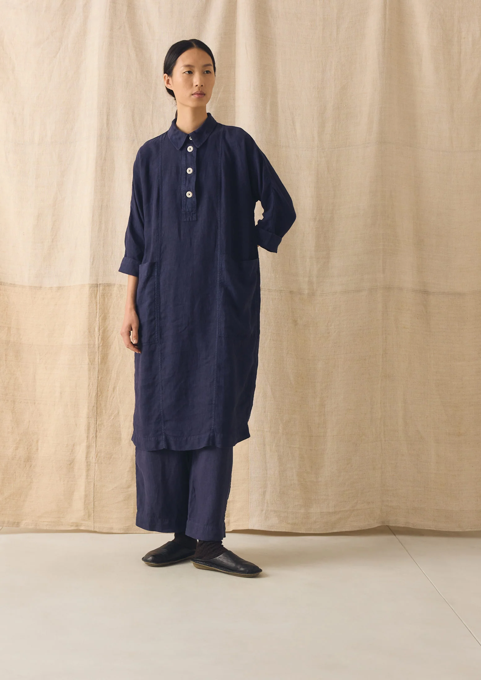 Garment Dyed Linen Tunic Dress | Blueberry - Image 2