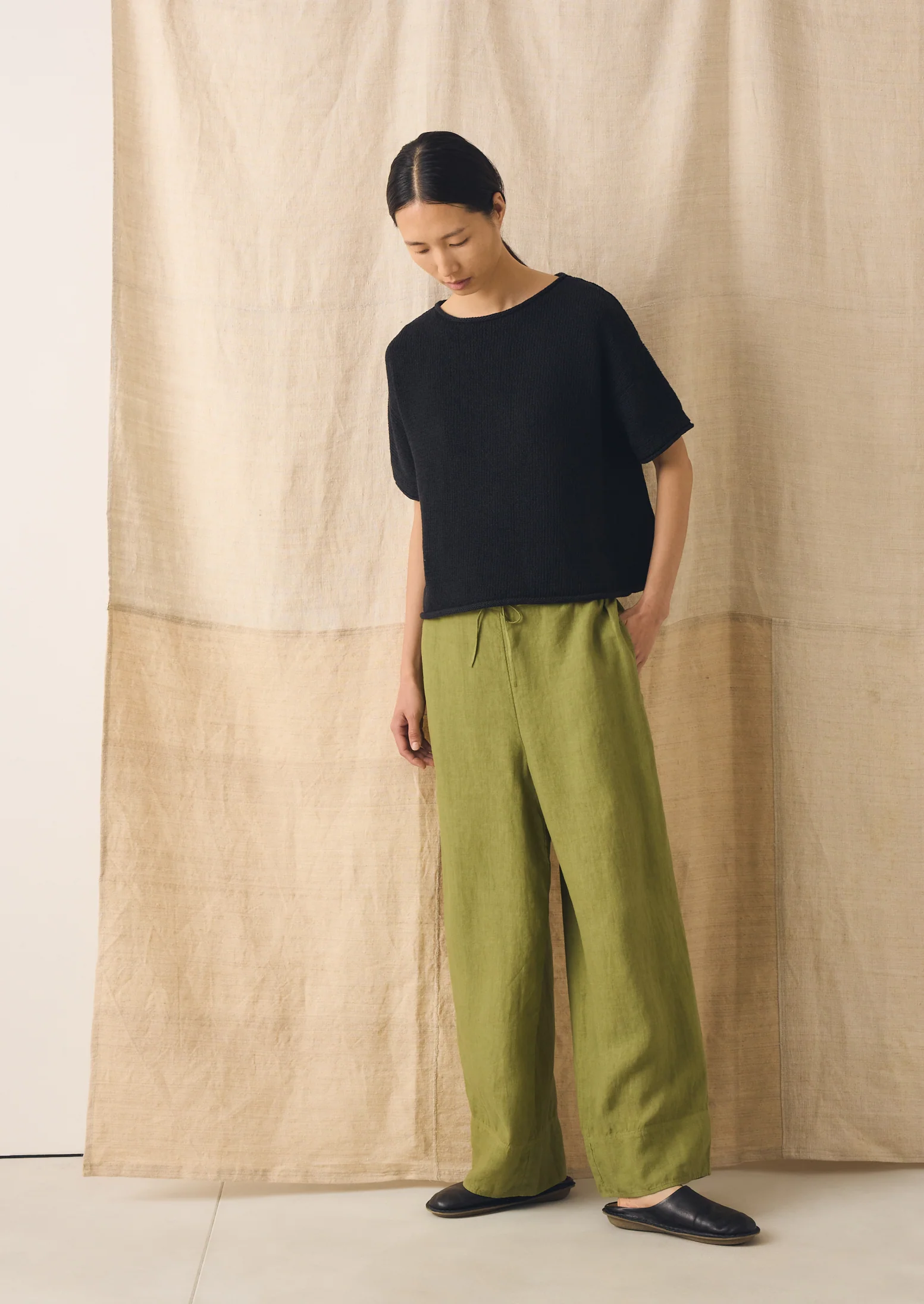 Garment Dyed Linen Wide Leg Trousers | Pale Olive - Image 2