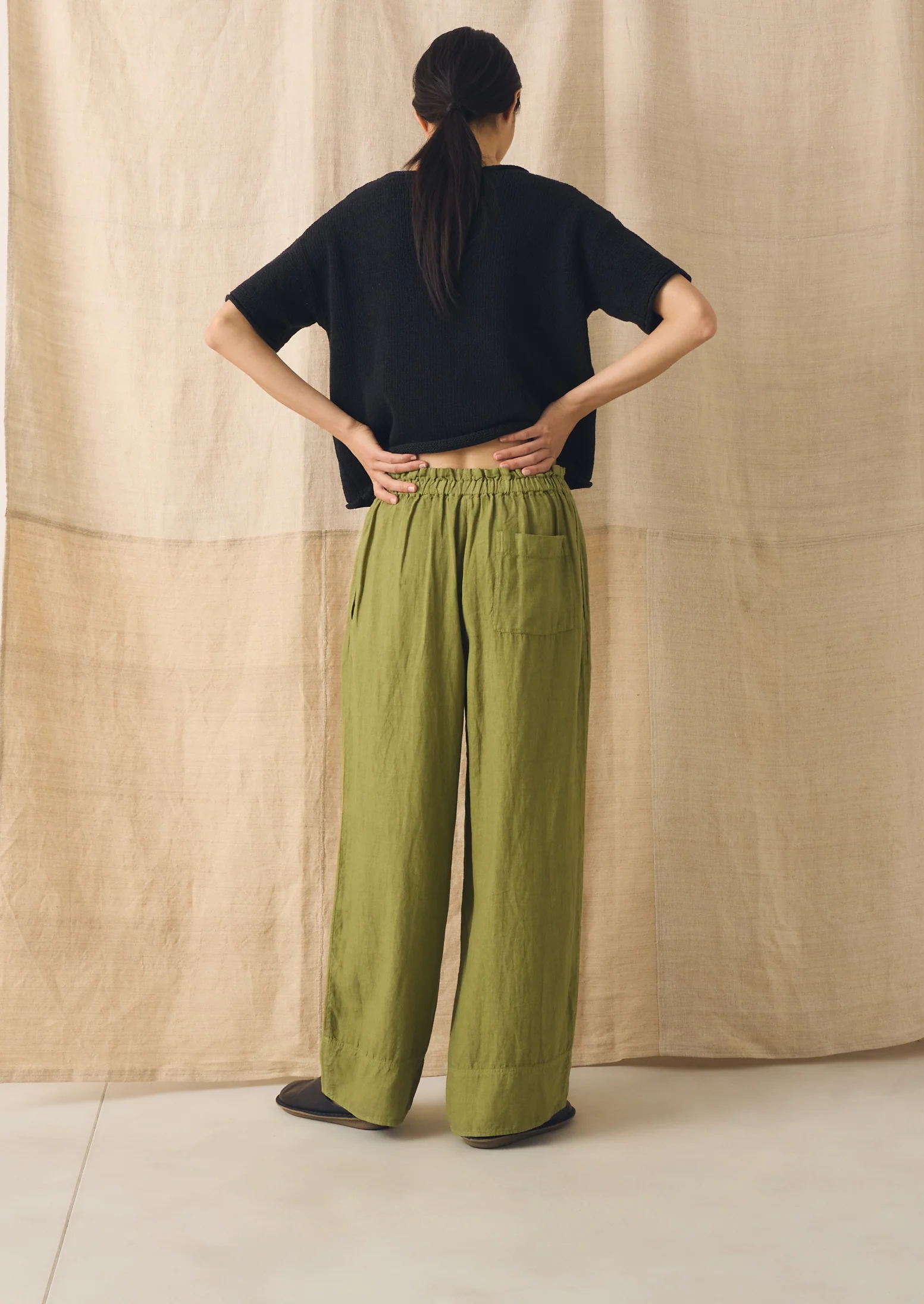 Garment Dyed Linen Wide Leg Trousers | Pale Olive - Image 3