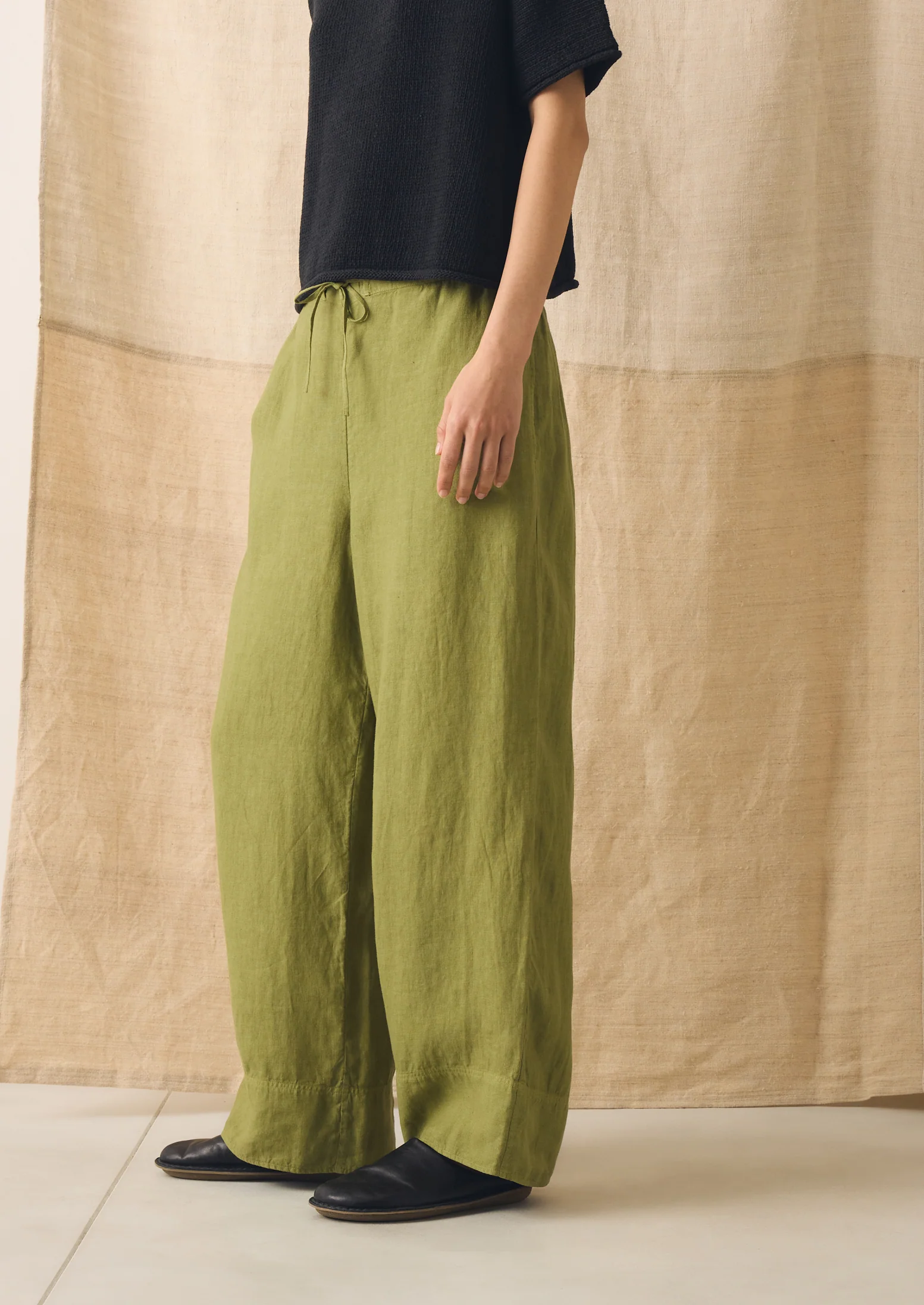 Garment Dyed Linen Wide Leg Trousers | Pale Olive - Image 4