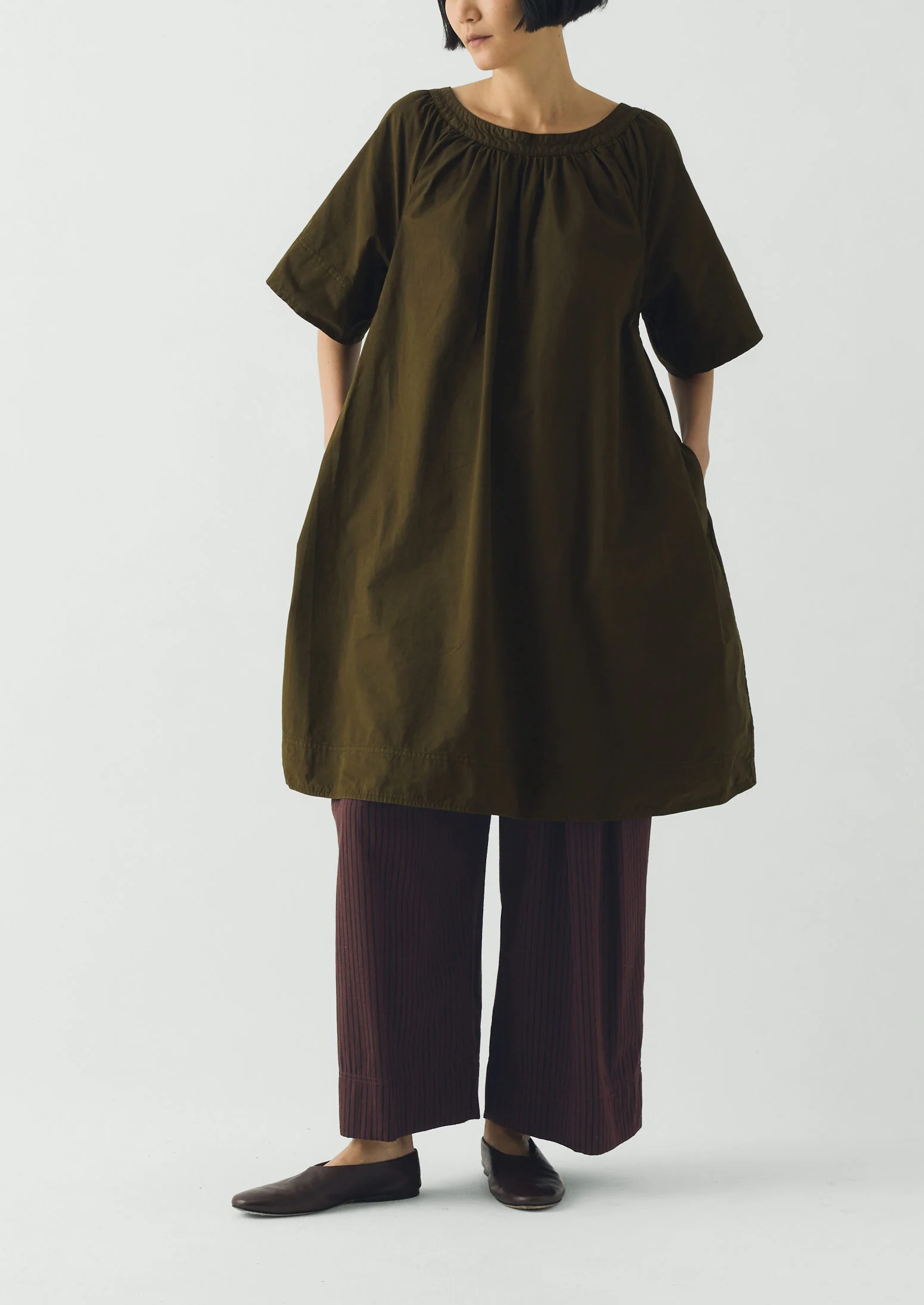 Gathered Cotton Twill Dress | Bronze Green - Image 2