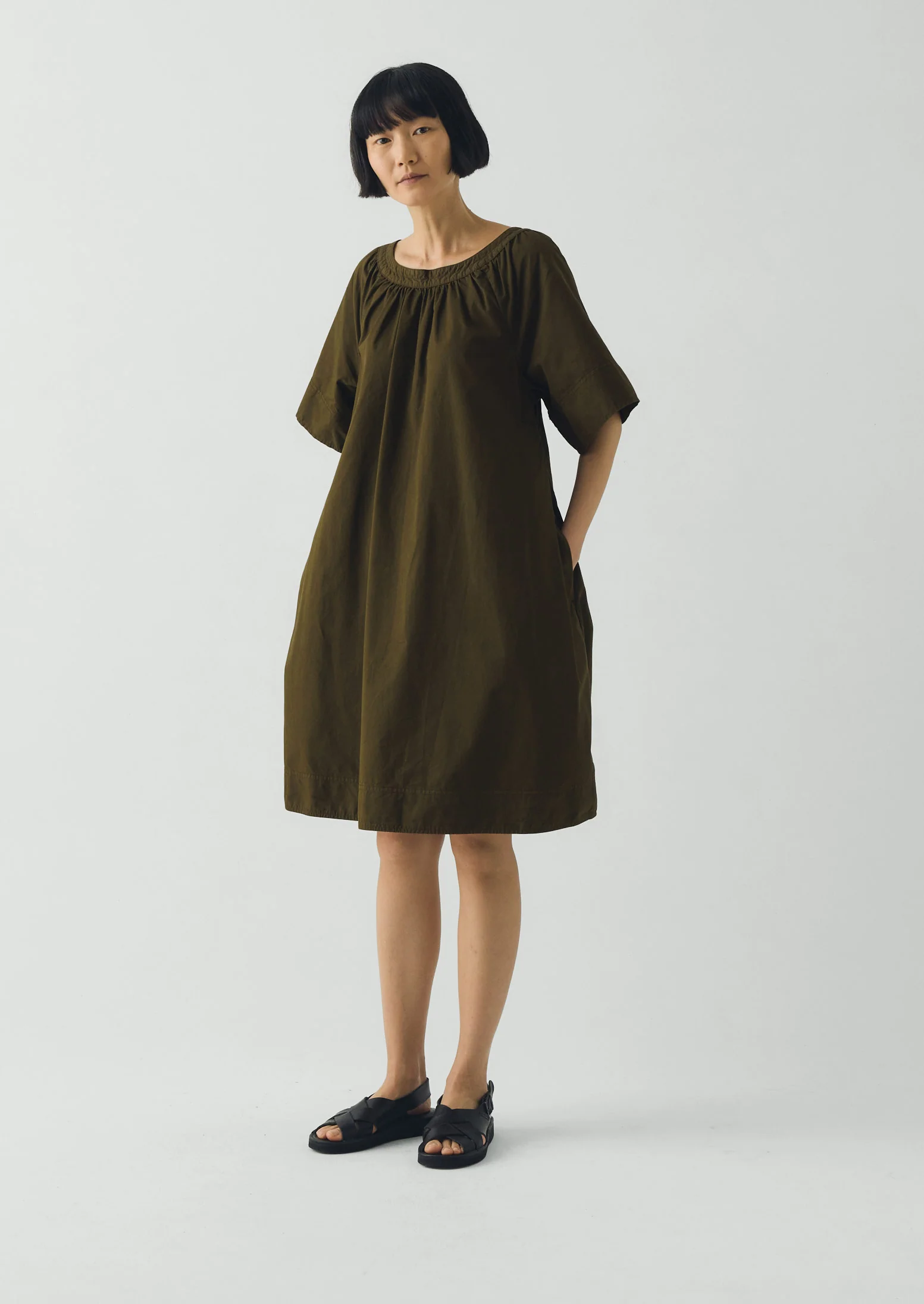 Gathered Cotton Twill Dress | Bronze Green - Image 3