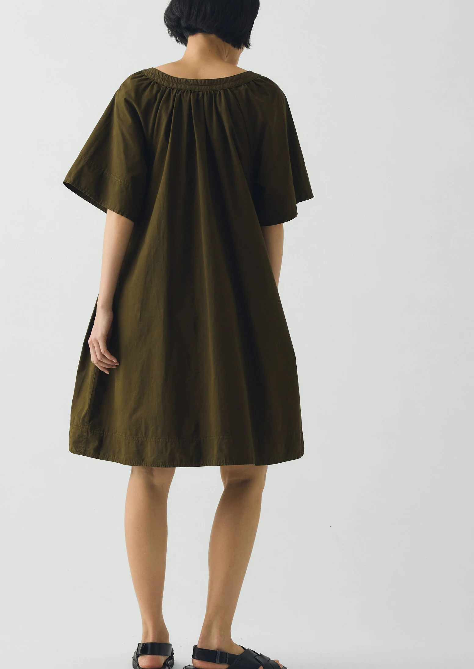 Gathered Cotton Twill Dress | Bronze Green - Image 5