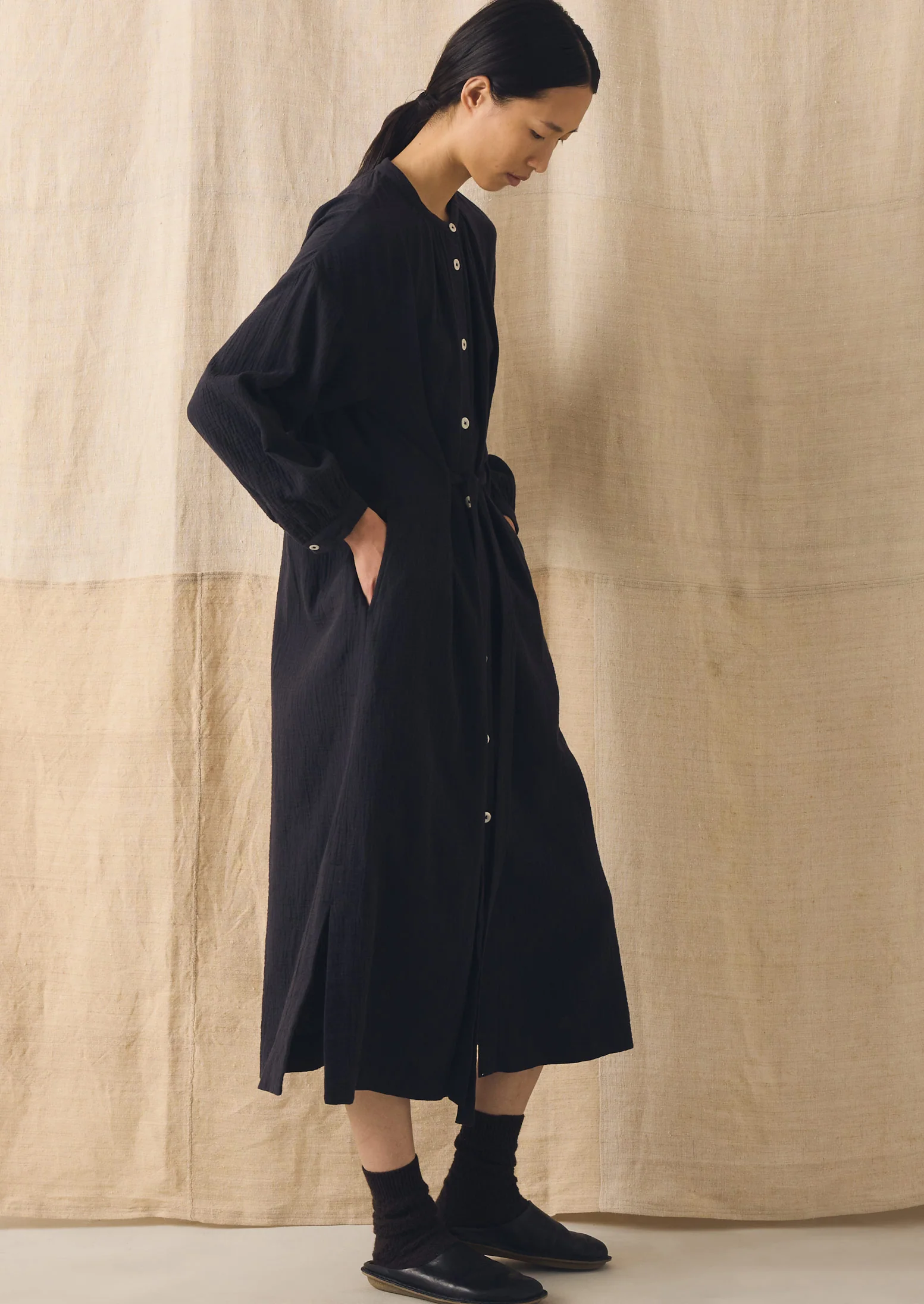 Gathered Crinkle Cotton Gauze Dress | Blackberry - Image 3