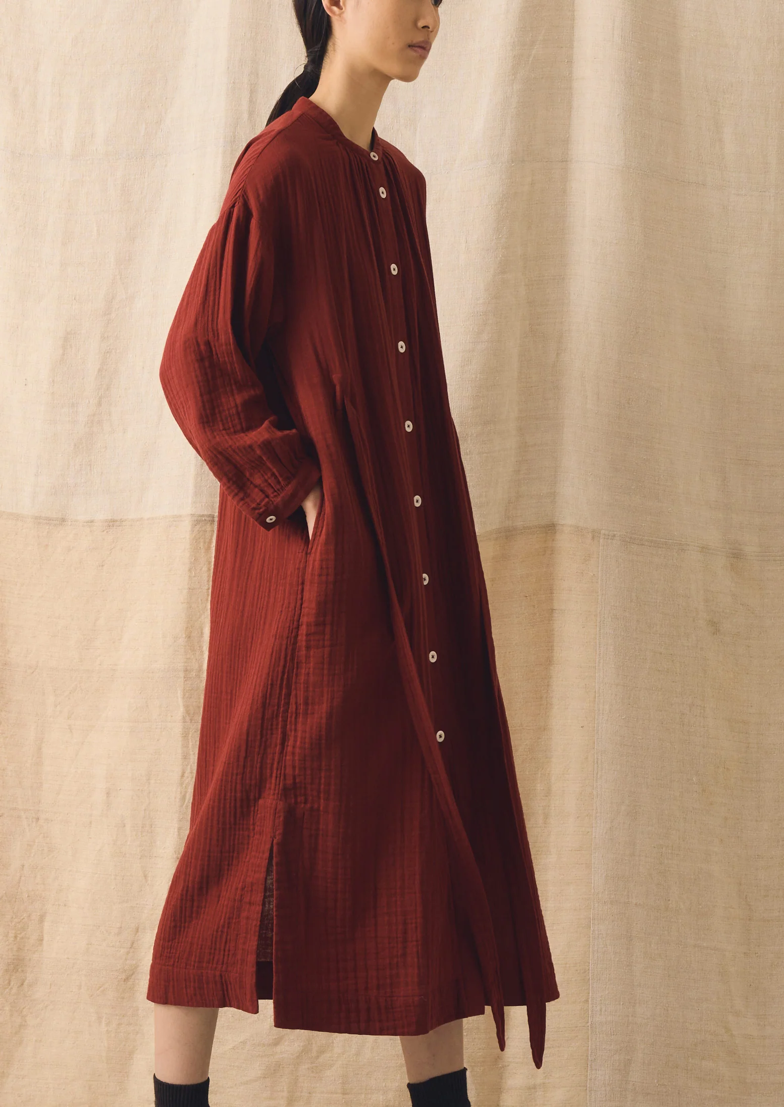 Gathered Crinkle Cotton Gauze Dress | Tomato Red - Image 2