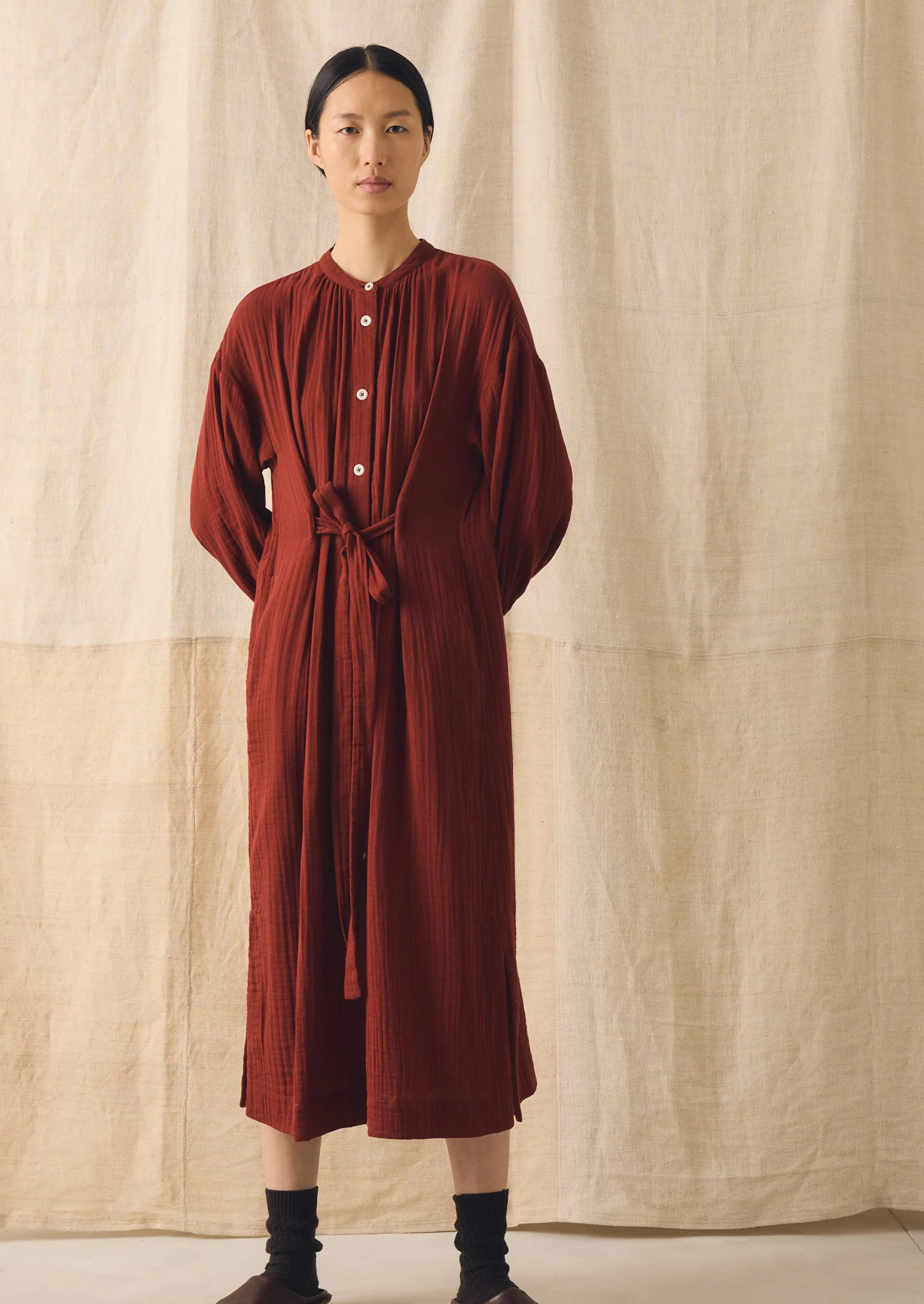 Gathered Crinkle Cotton Gauze Dress | Tomato Red - Image 3