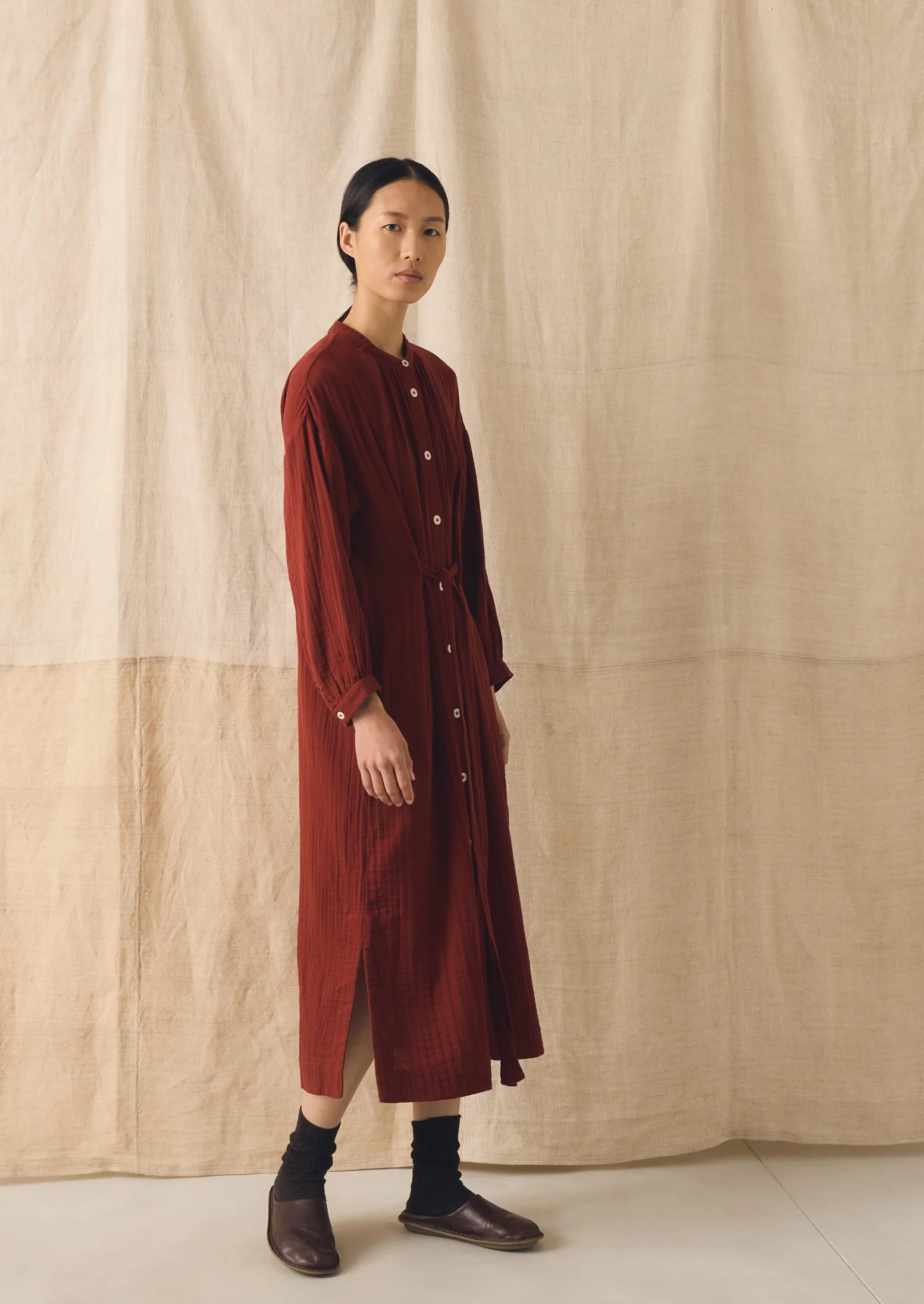 Gathered Crinkle Cotton Gauze Dress | Tomato Red - Image 5