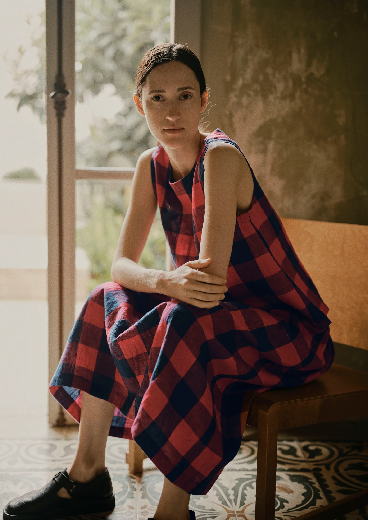 Gingham Check Linen Skirt | Raspberry/Blue - Image 2