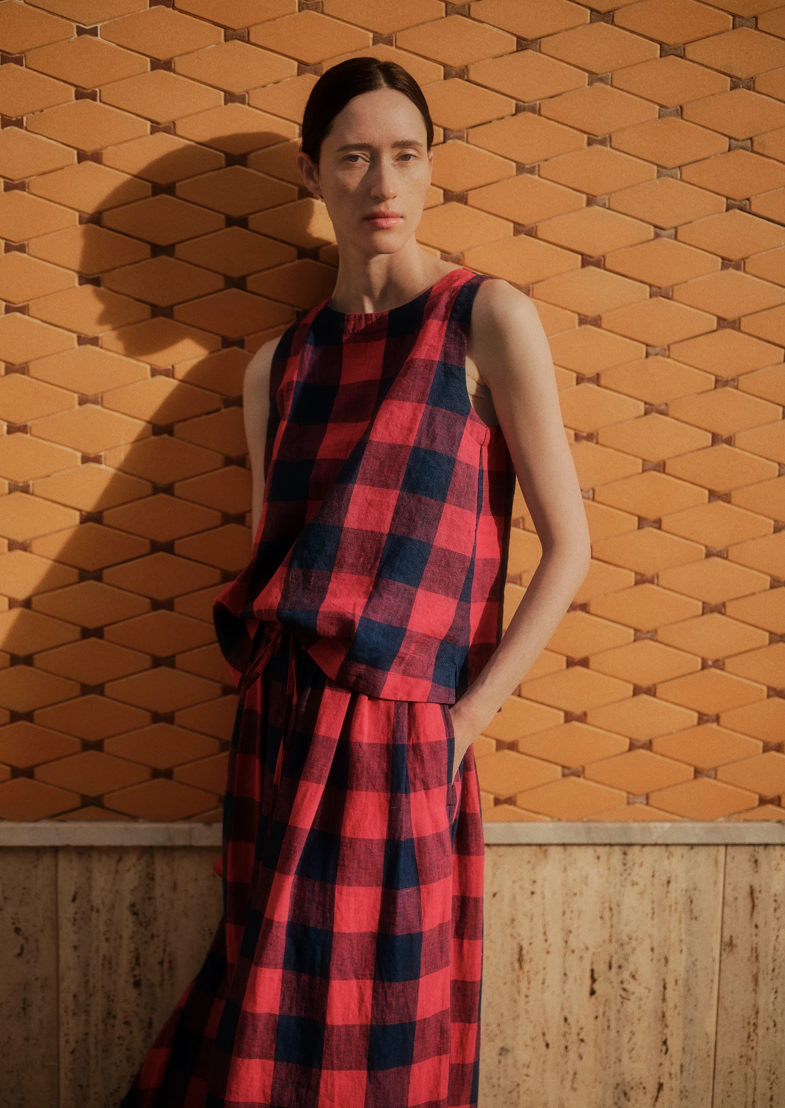 Gingham Check Linen Tank | Raspberry/Blue - Image 2