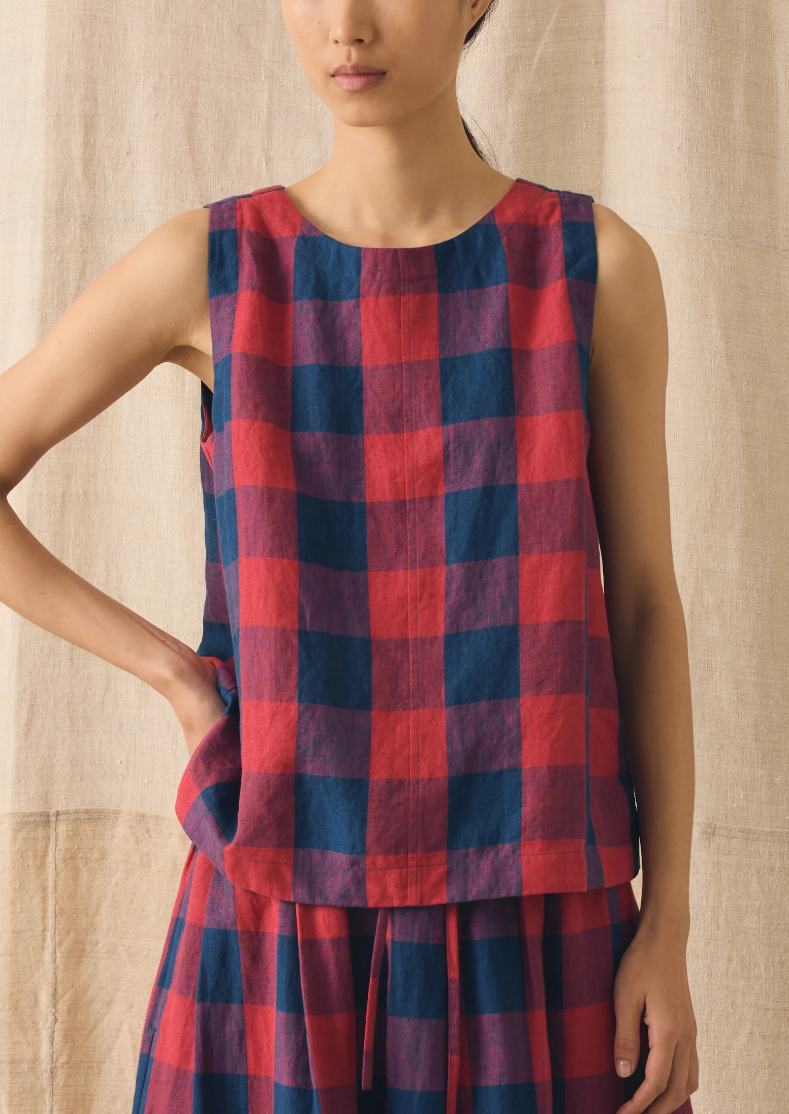 Gingham Check Linen Tank | Raspberry/Blue - Image 3