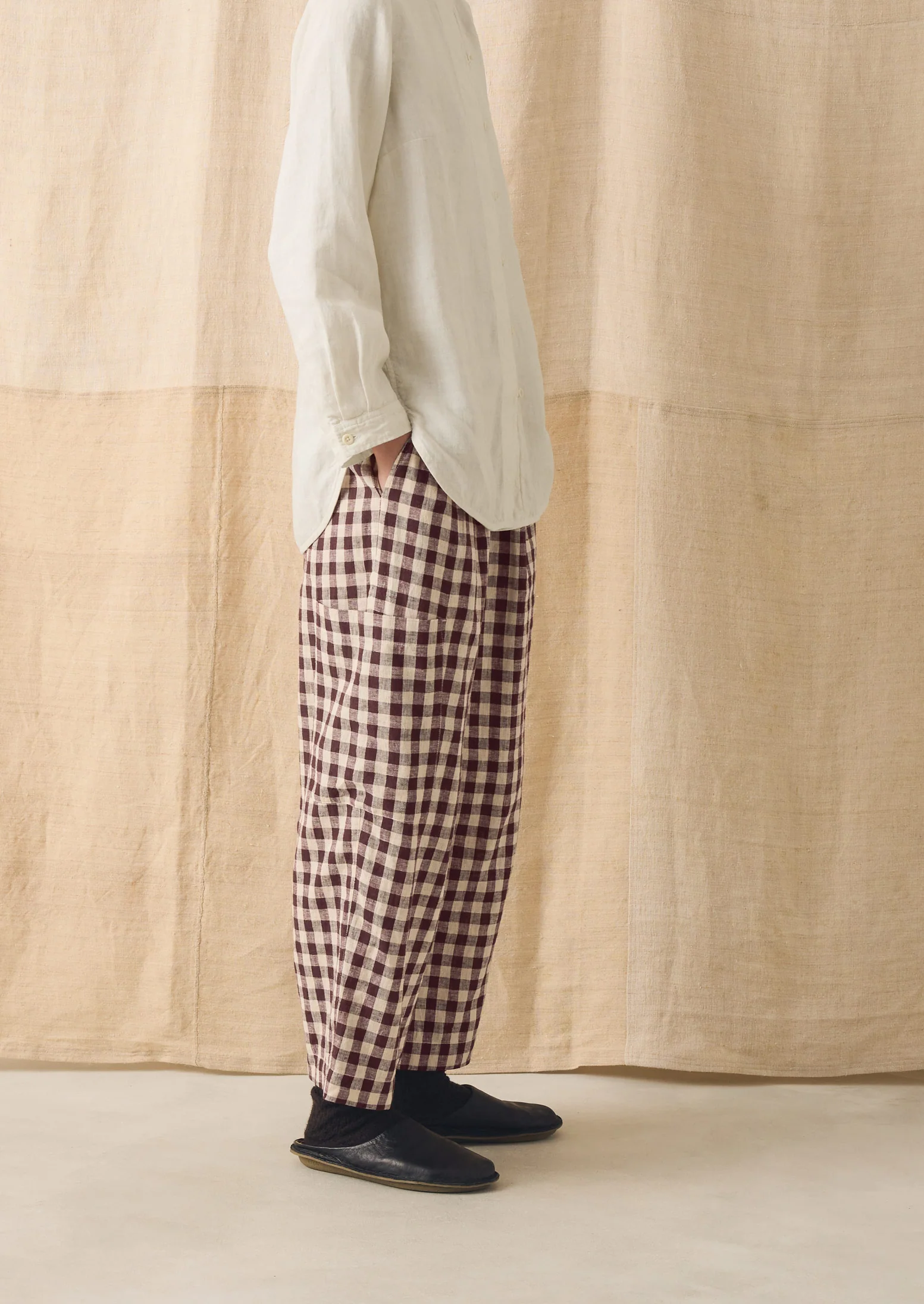 Gingham Linen Cotton Patch Pocket Trousers | Dark Chocolate/Ecru - Image 2