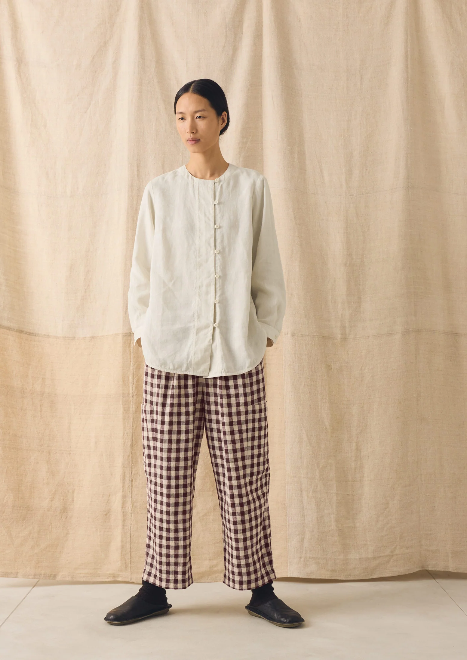 Gingham Linen Cotton Patch Pocket Trousers | Dark Chocolate/Ecru - Image 4