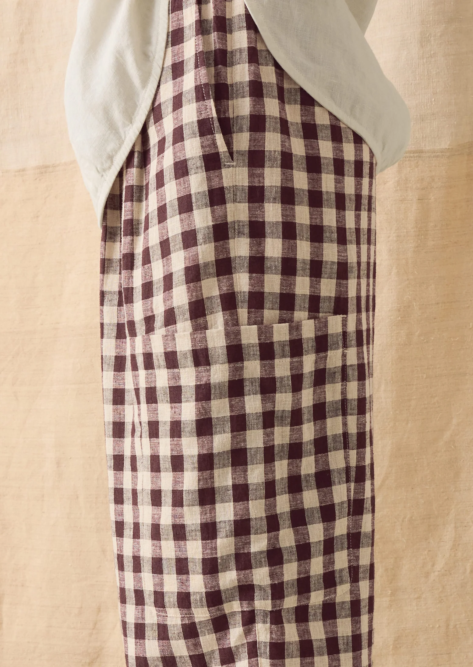 Gingham Linen Cotton Patch Pocket Trousers | Dark Chocolate/Ecru - Image 6