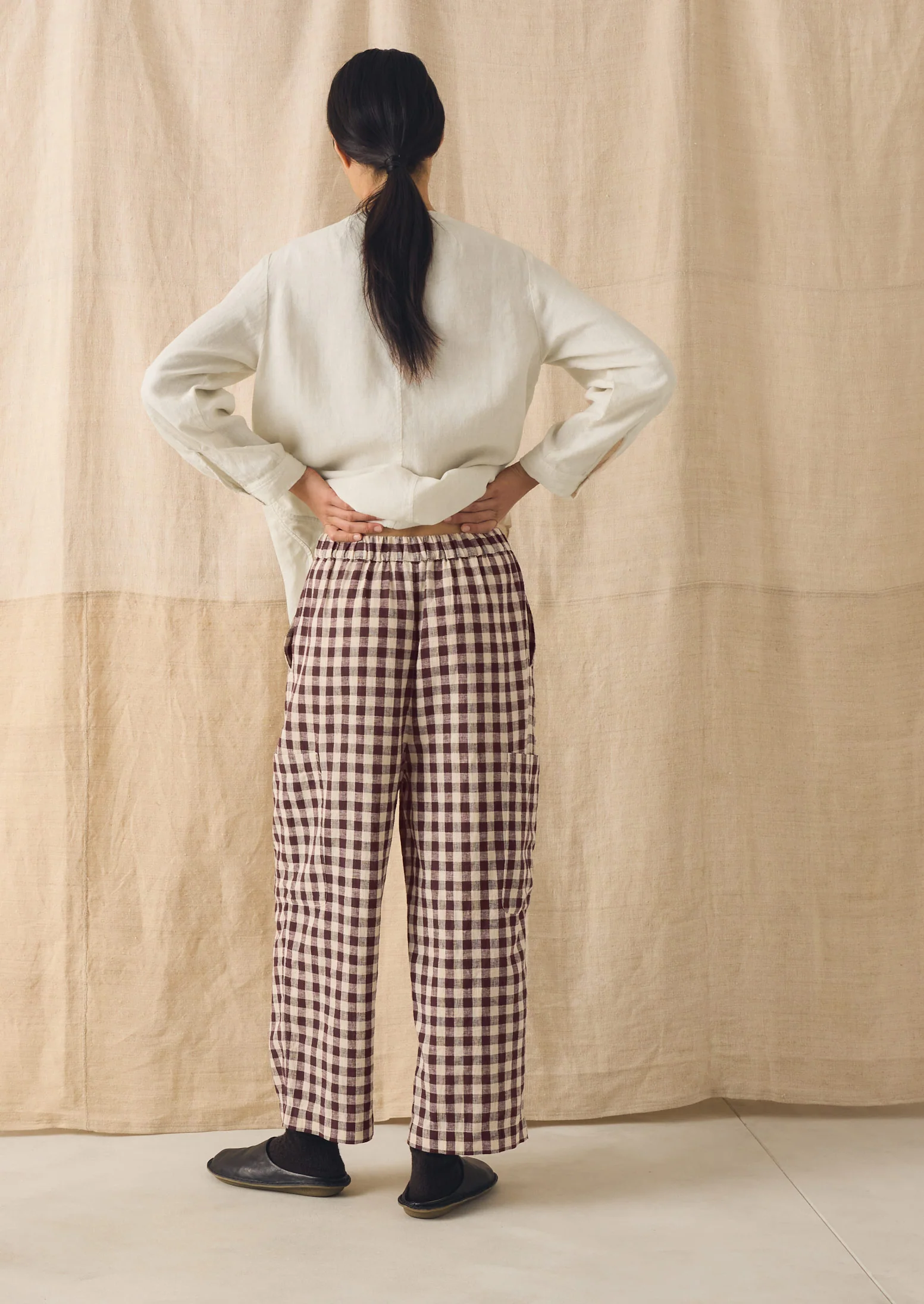 Gingham Linen Cotton Patch Pocket Trousers | Dark Chocolate/Ecru - Image 7