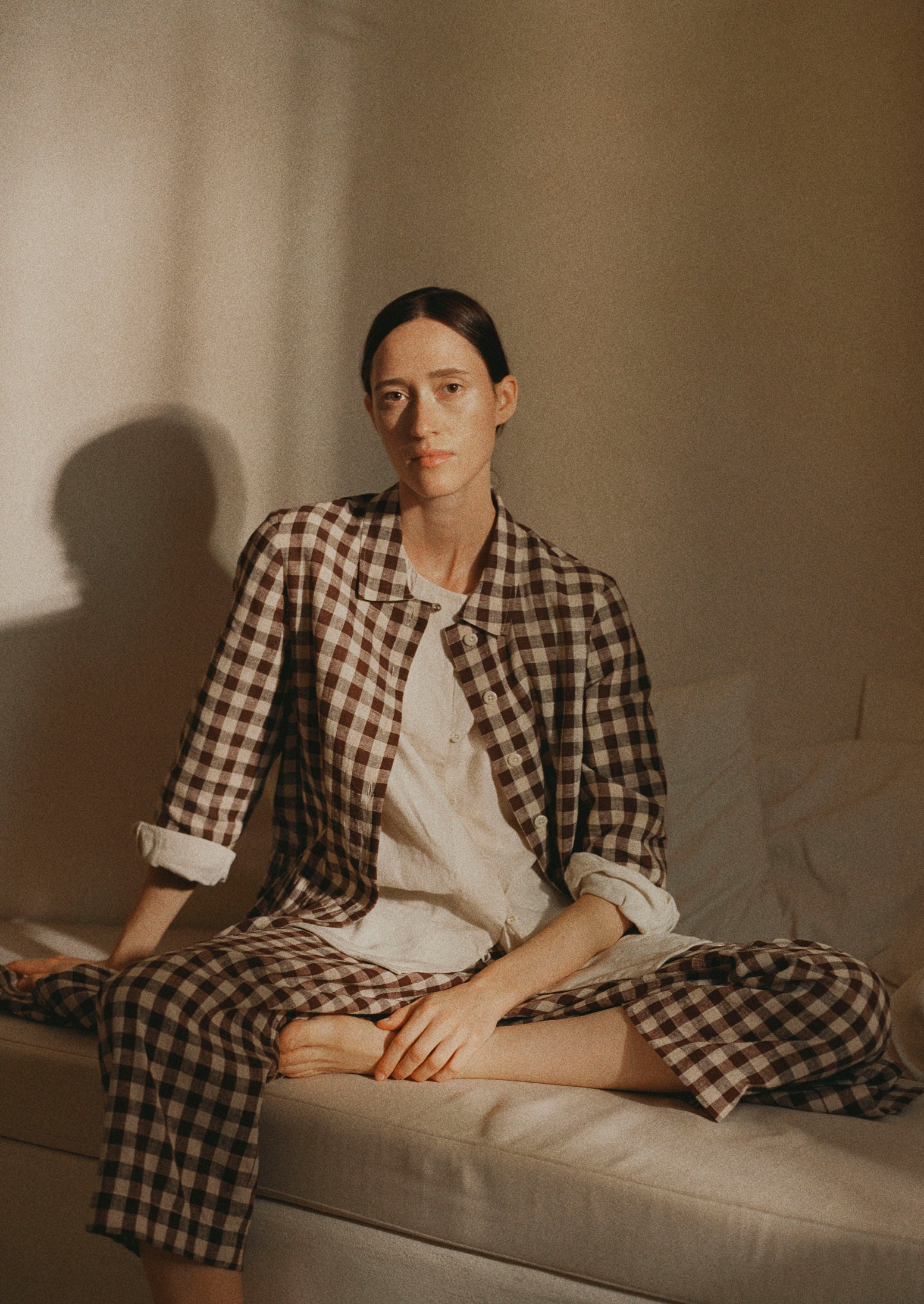 Gingham Linen Cotton Patch Pocket Trousers | Dark Chocolate/Ecru - Image 8