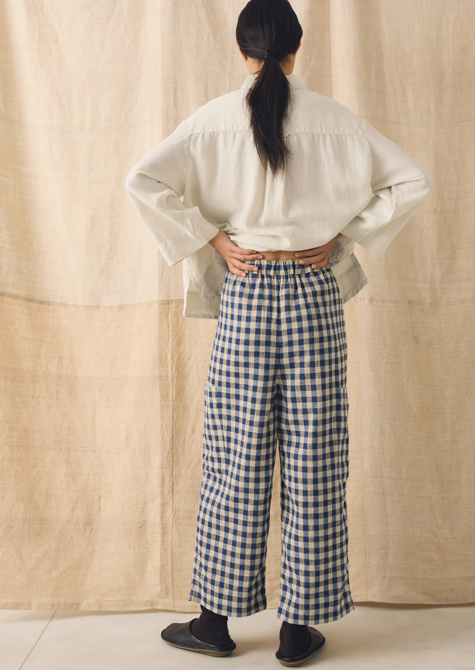 Gingham Linen Cotton Patch Pocket Trousers | Denim Blue - Image 3