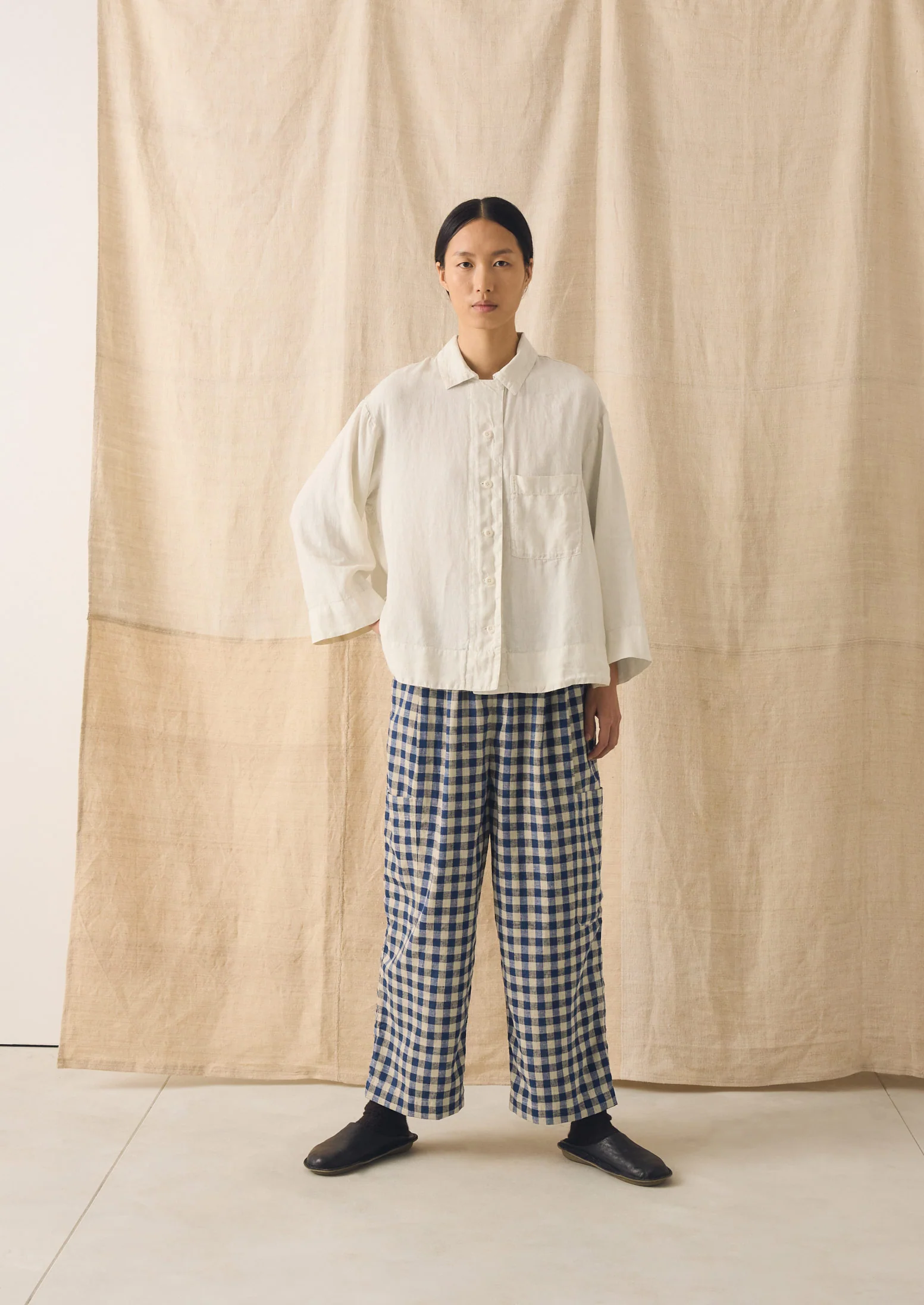 Gingham Linen Cotton Patch Pocket Trousers | Denim Blue - Image 4