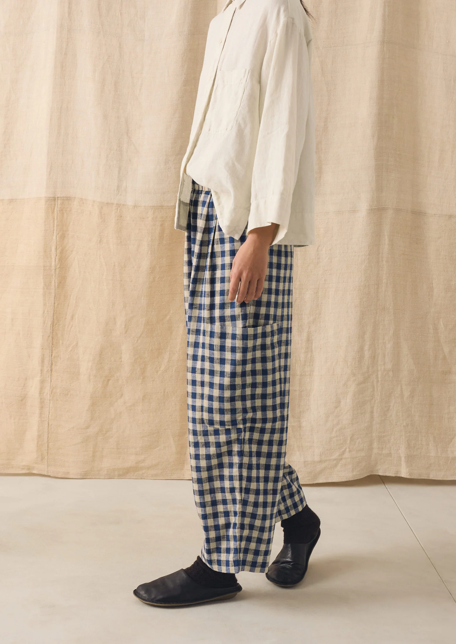 Gingham Linen Cotton Patch Pocket Trousers | Denim Blue - Image 5