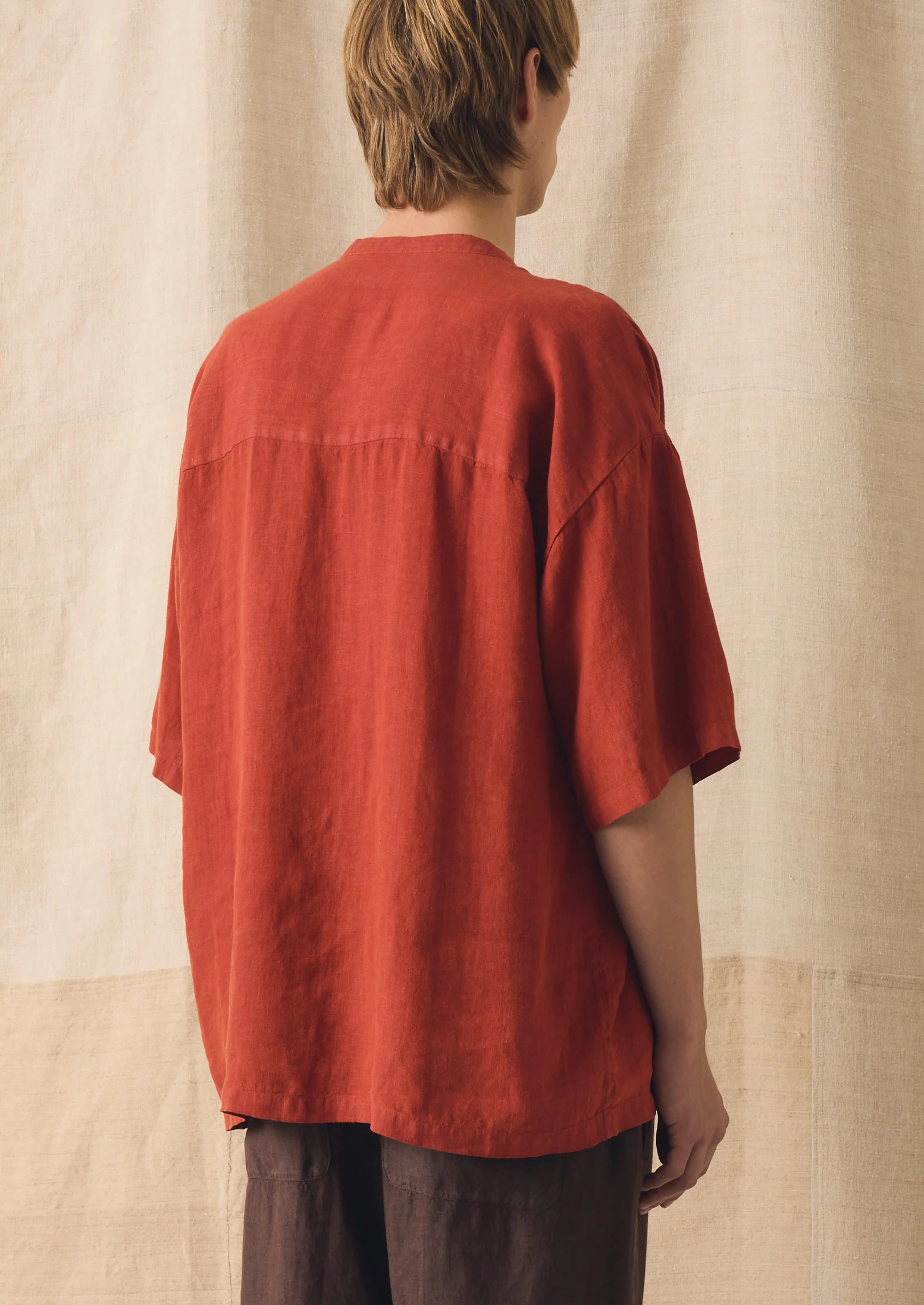 Grandad Collar Garment Dyed Linen Shirt | Sun-dried Tomato - Image 3