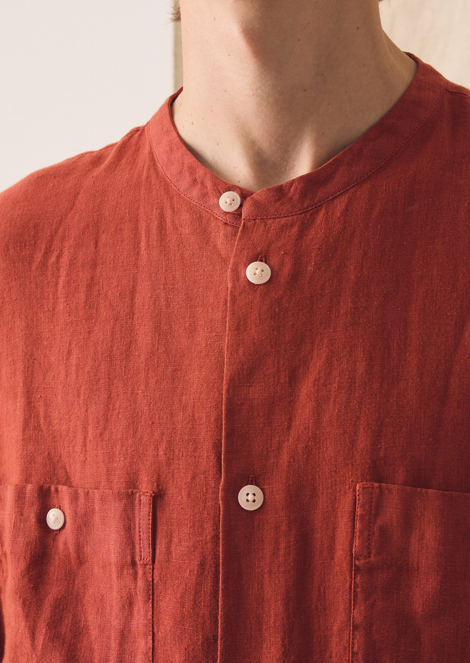 Grandad Collar Garment Dyed Linen Shirt | Sun-dried Tomato - Image 4