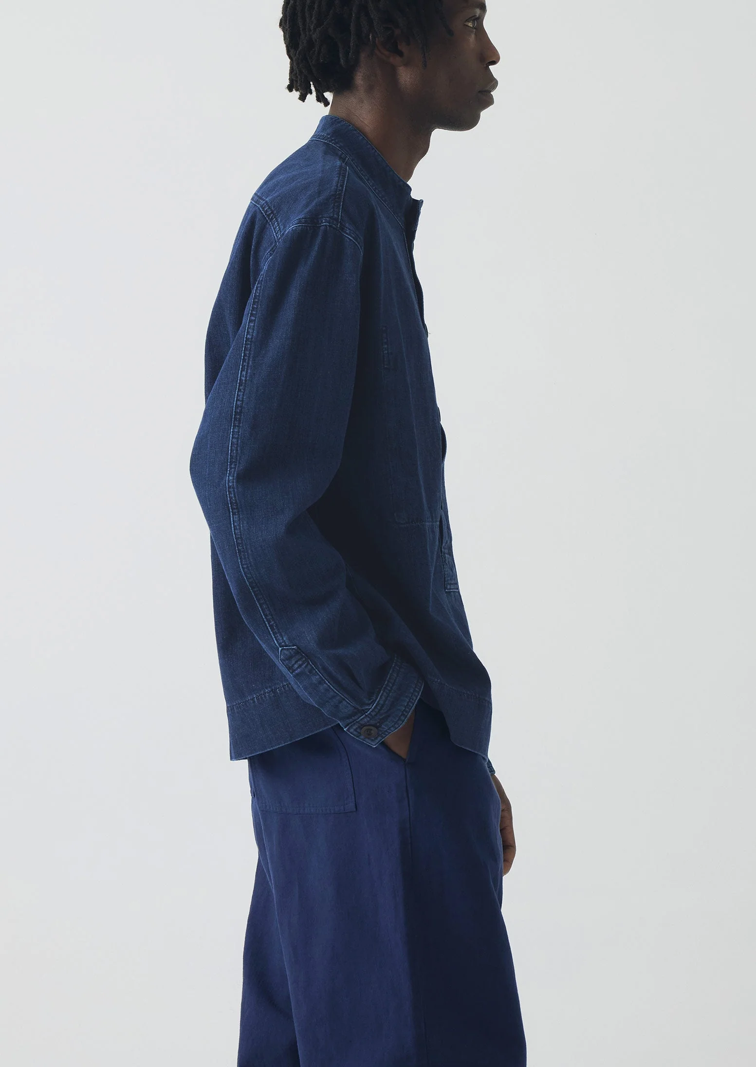 Grandad Collar Half Placket Denim Shirt | Indigo - Image 3